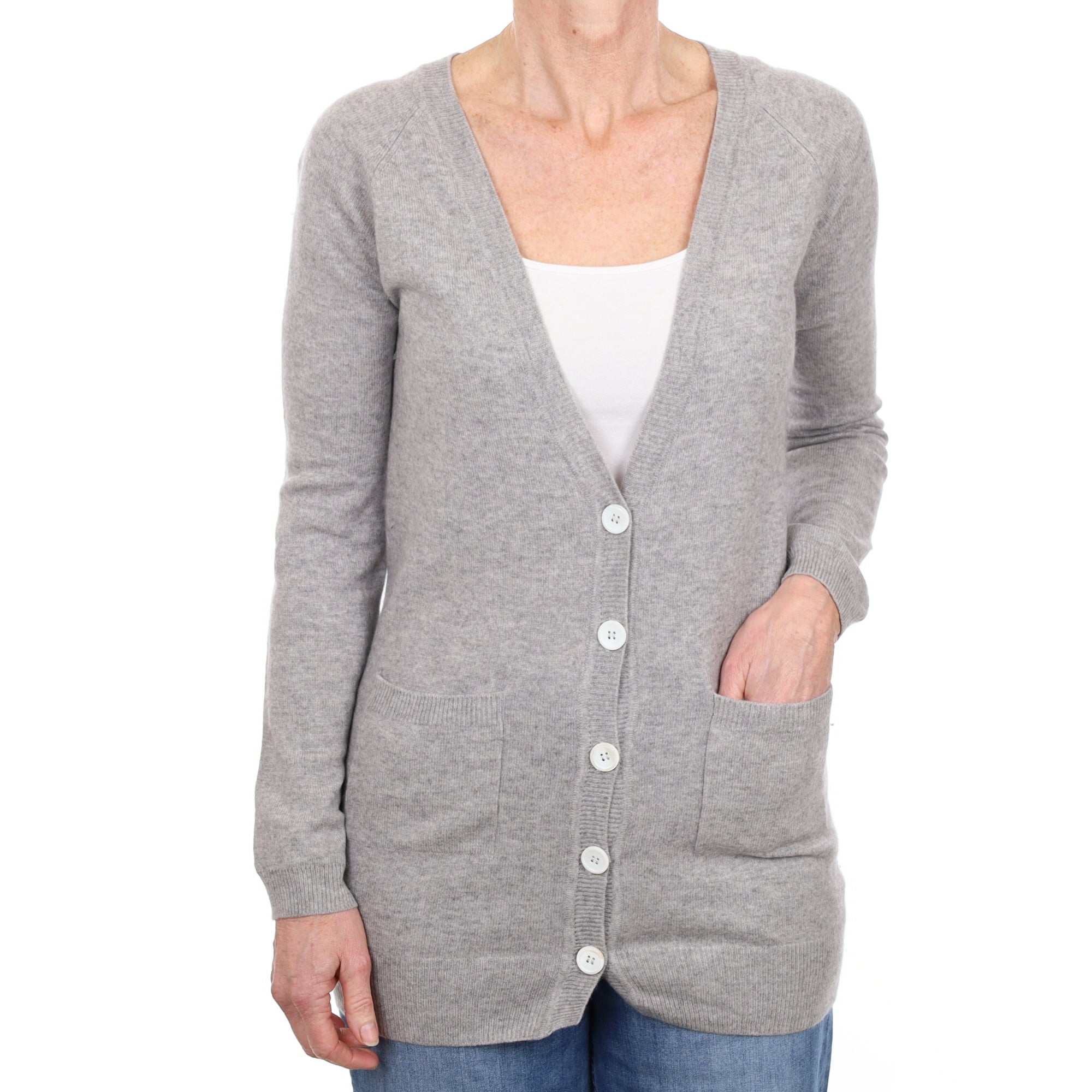 Smoke Grey Cashmere Long Line V Neck Cardigan with Pockets Small