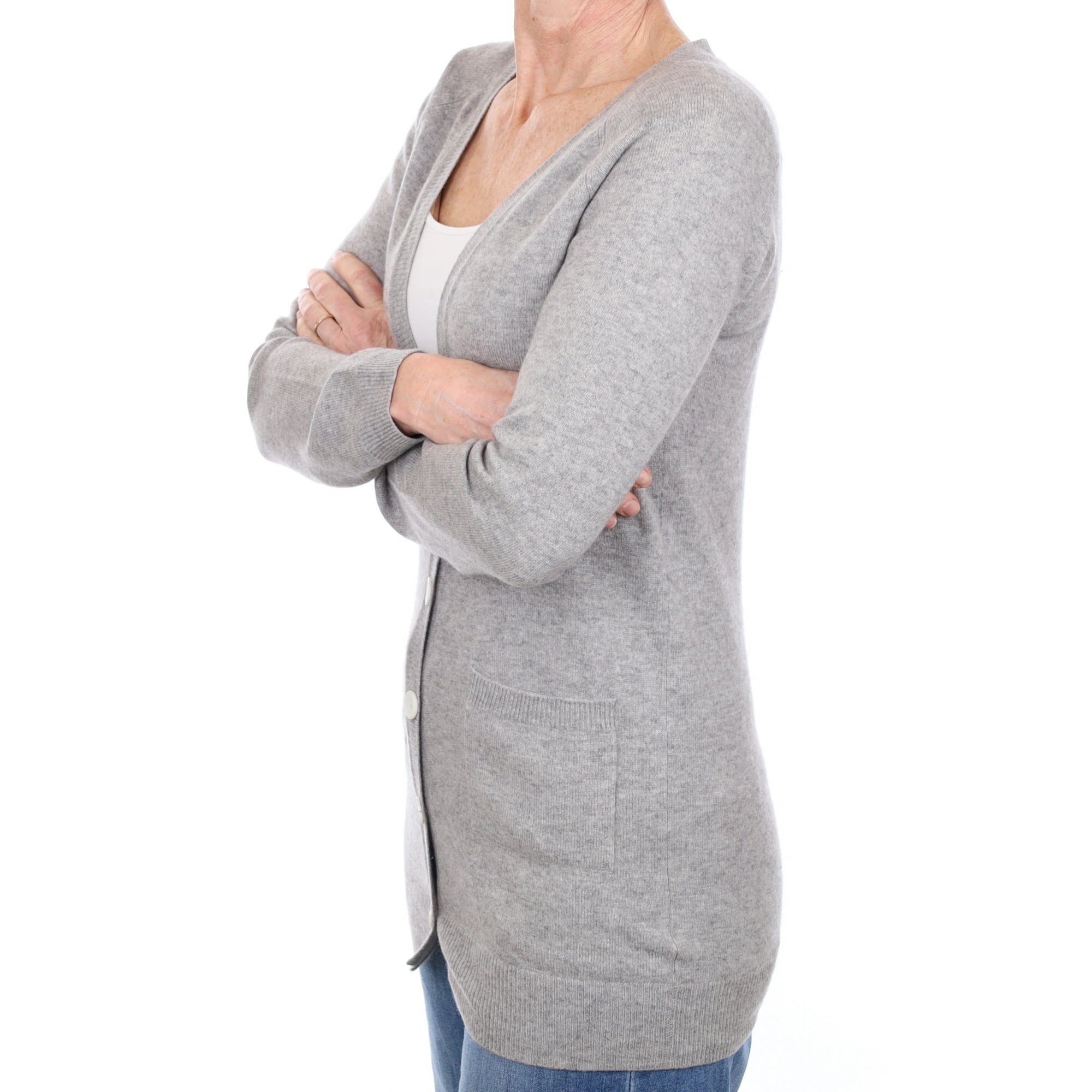 Smoke Grey Cashmere Long Line V Neck Cardigan with Pockets Small