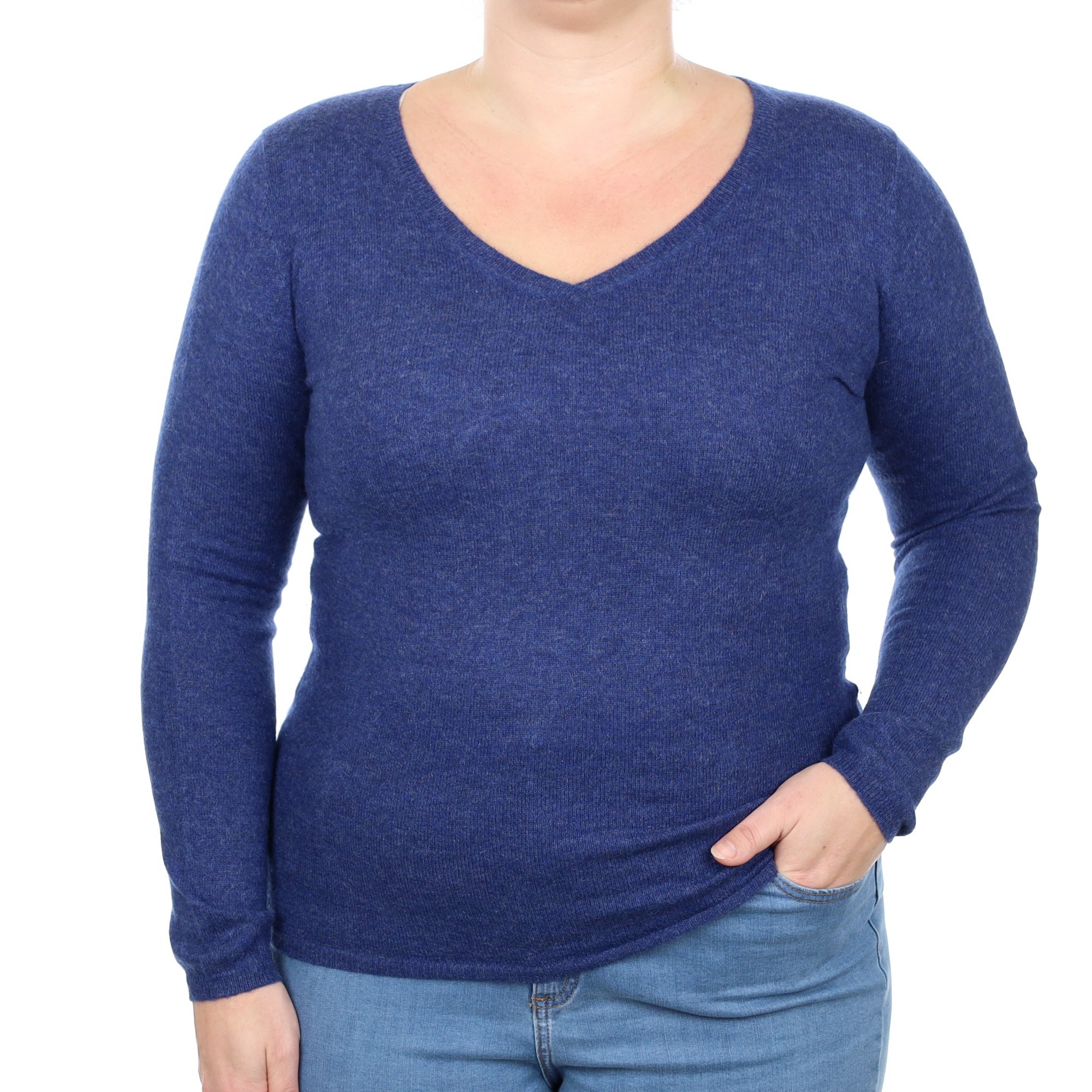 Deep Denim Blue Cashmere V Neck Jumper Large