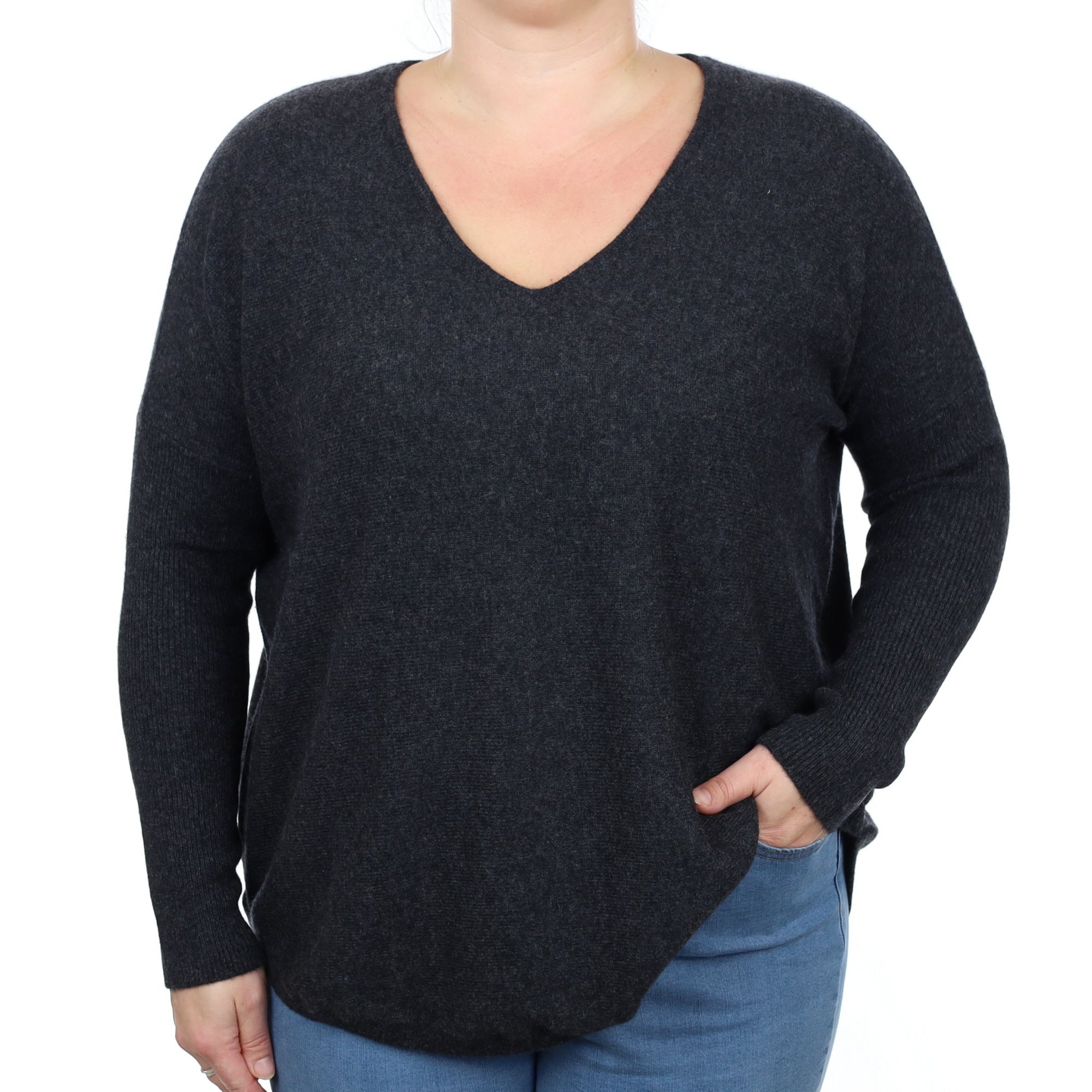 Charcoal Grey Cashmere  Slouchy Batwing V Neck Jumper Large
