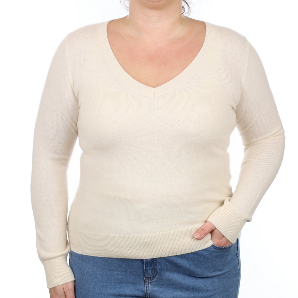 Vanilla Cream Cashmere V Neck Jumper Large