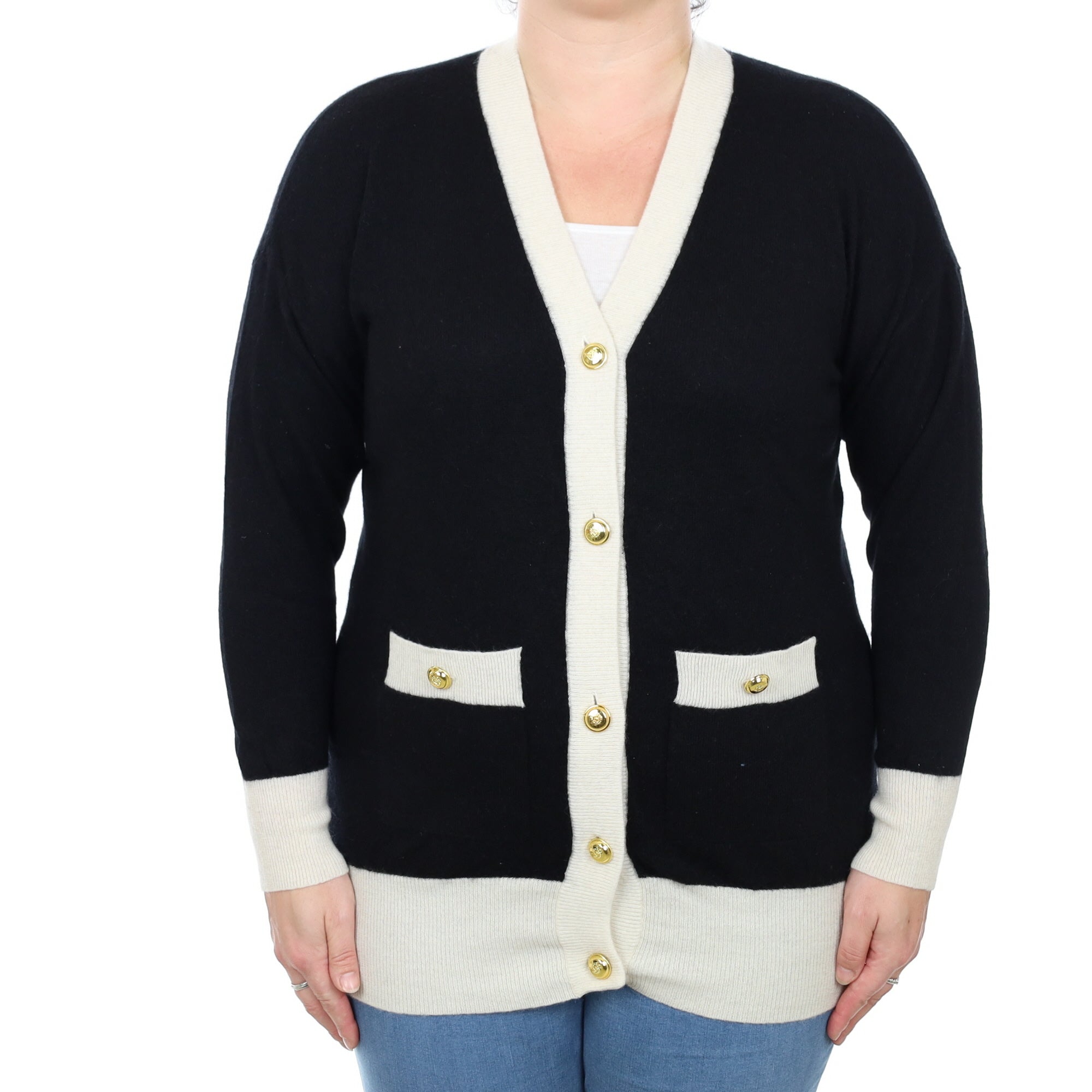 Black Cream Trim Cashmere V Neck Cardigan Large