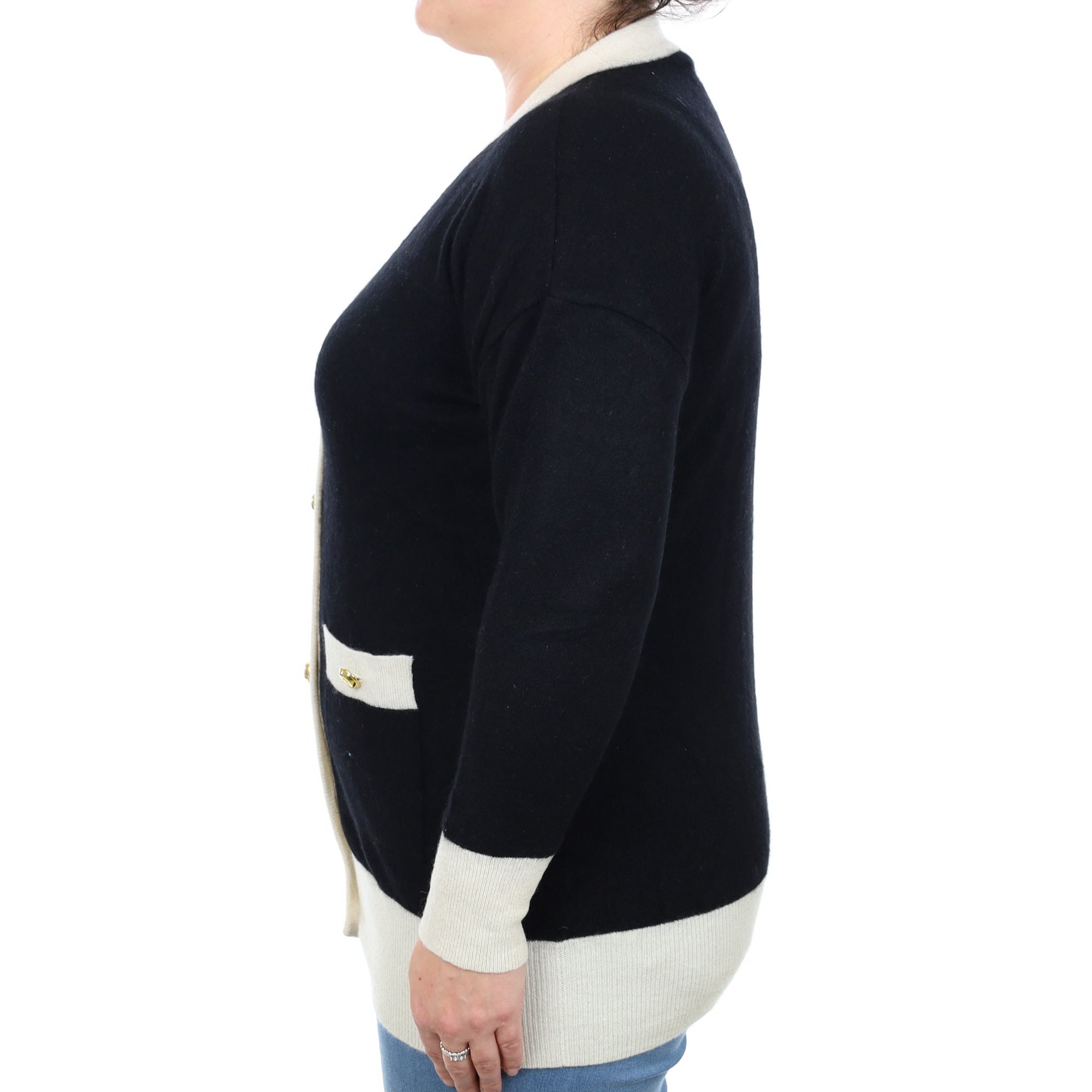 Black Cream Trim Cashmere V Neck Cardigan Large