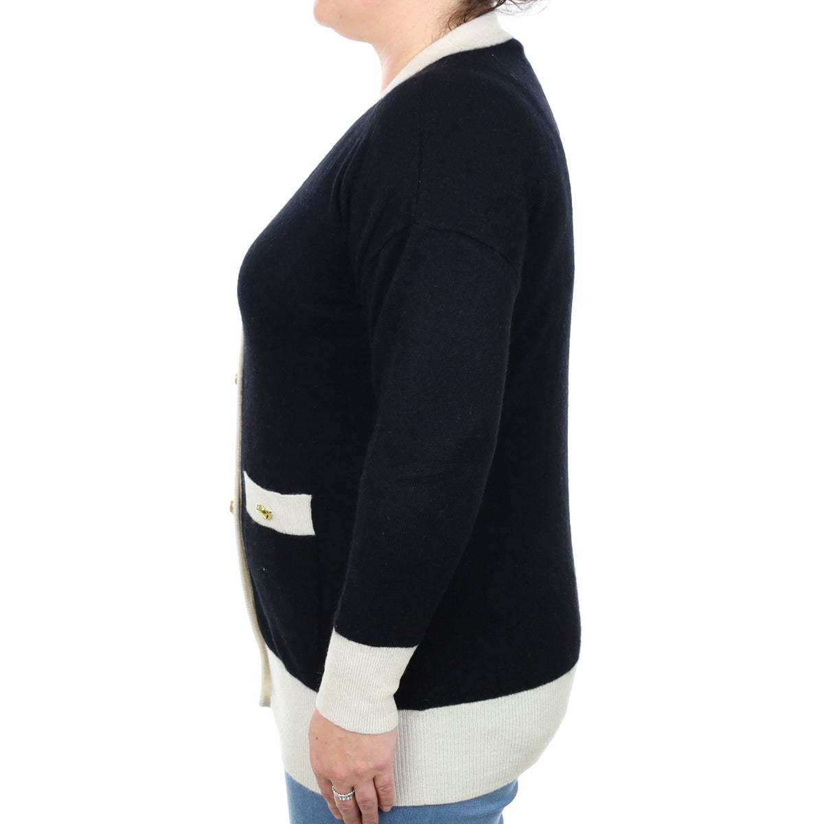 Black Cream Trim Cashmere V Neck Cardigan Large