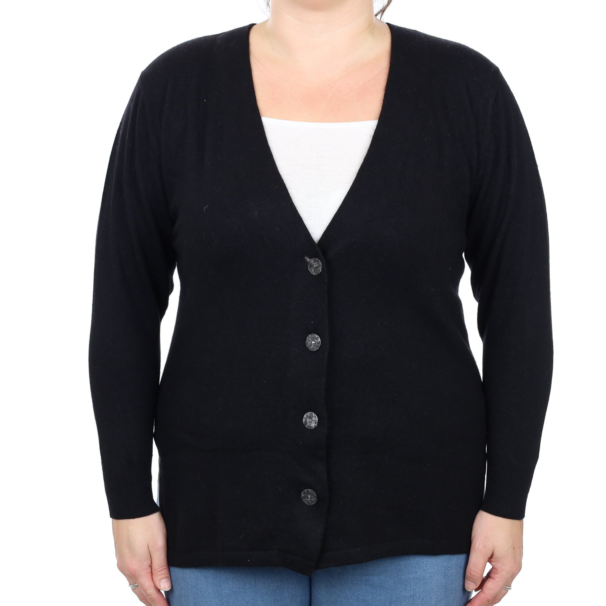 Black Cashmere Split Hem V Neck Cardigan Large