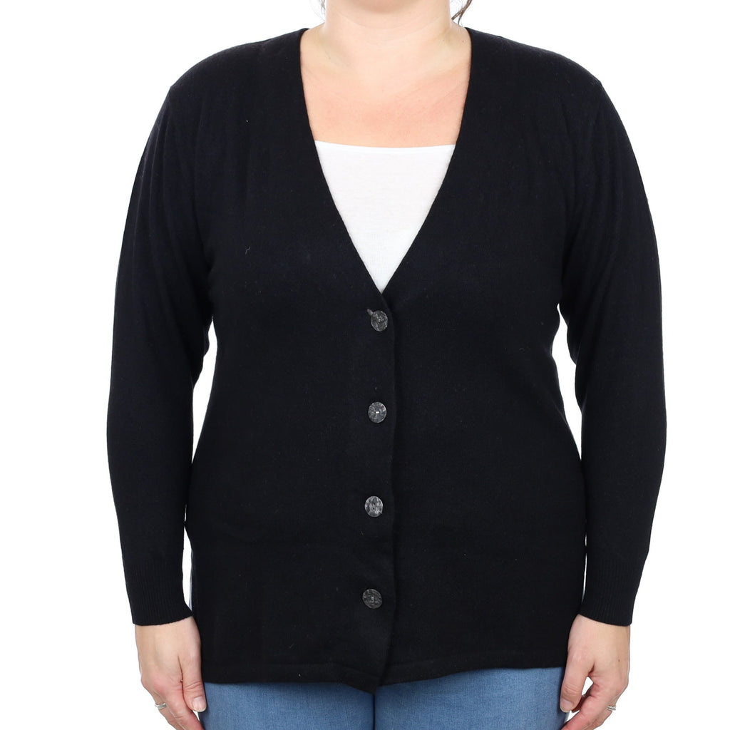 Black Cashmere Split Hem V Neck Cardigan Large