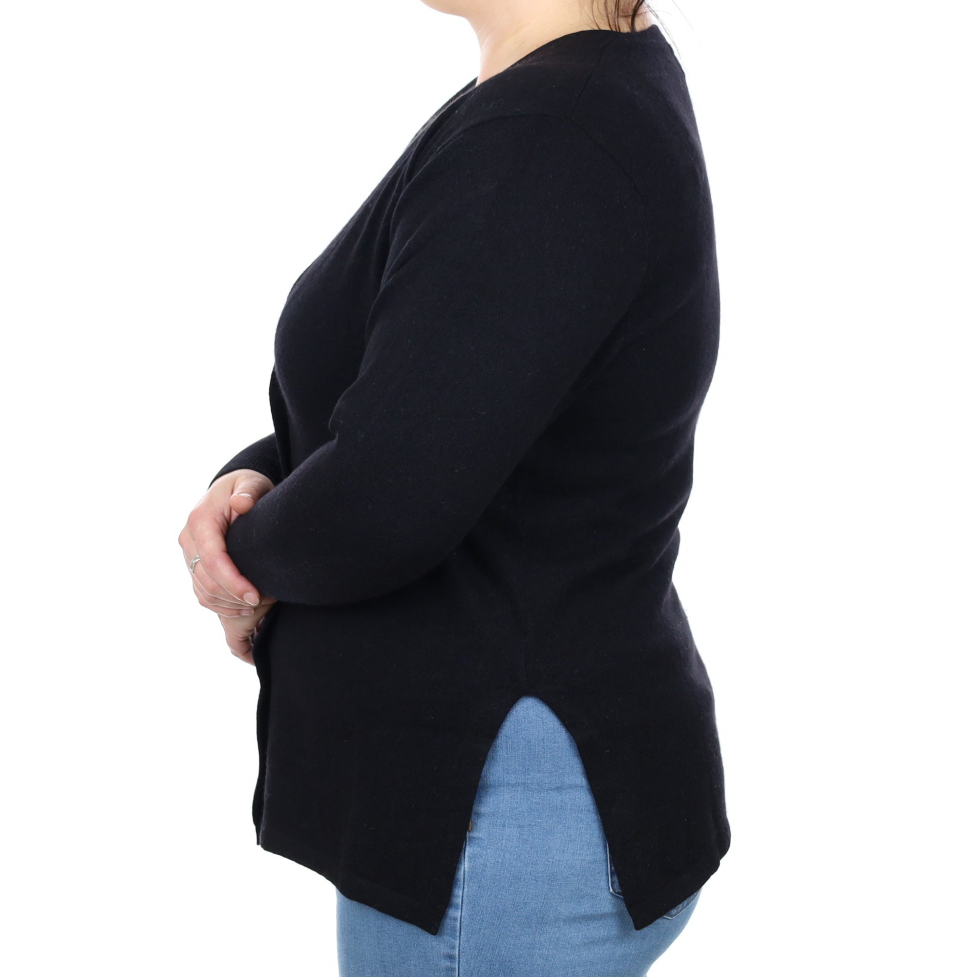 Black Cashmere Split Hem V Neck Cardigan Large