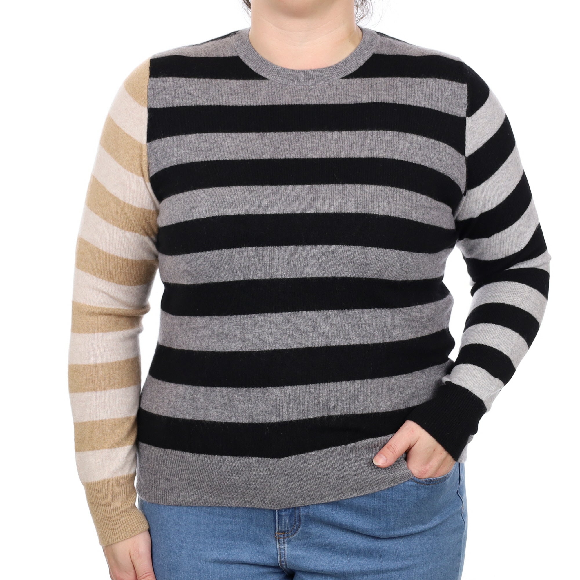 Grey Stripe Cashmere Crew Neck Jumper Large