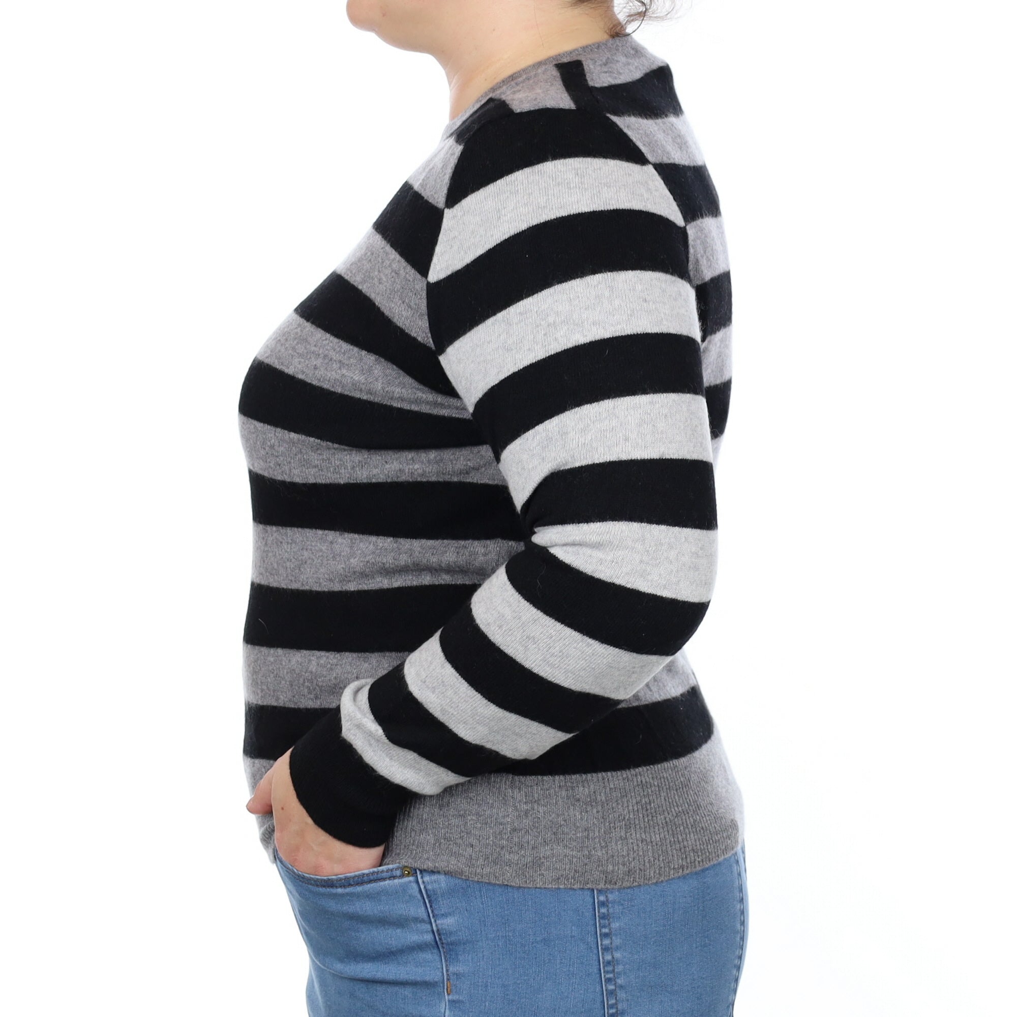Grey Stripe Cashmere Crew Neck Jumper Large