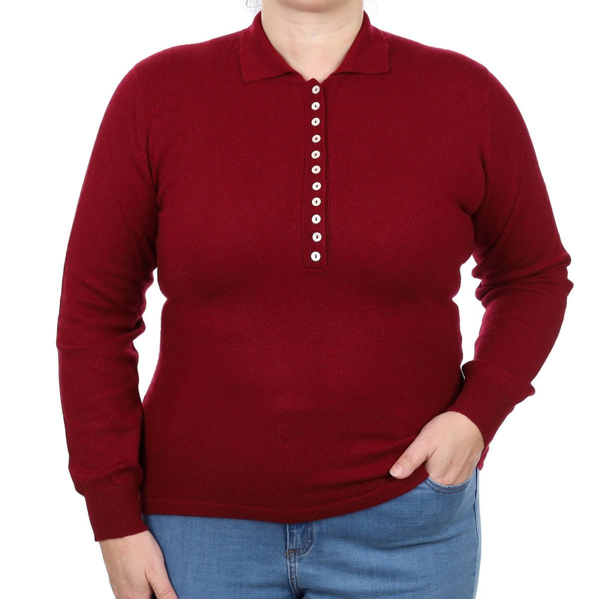 Burgundy Red Cashmere Button Front Jumper with Collar Large