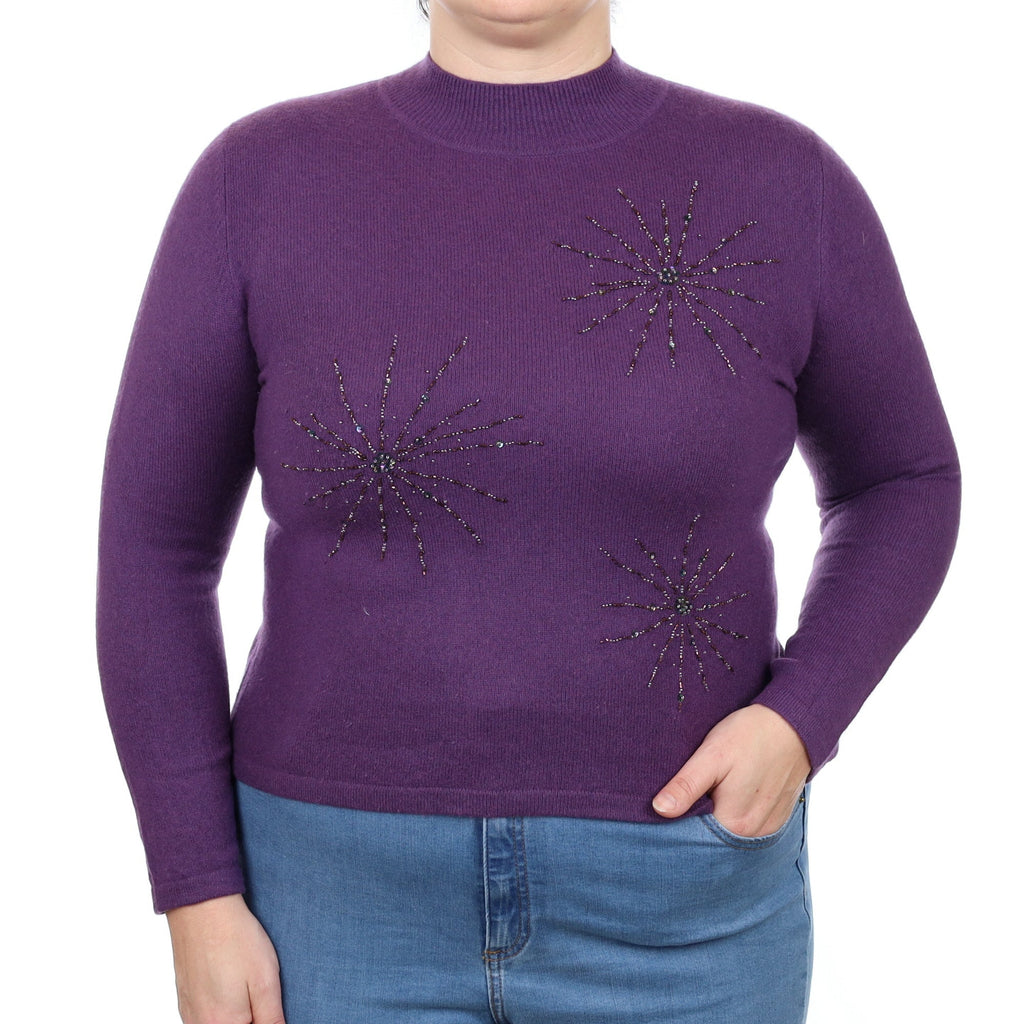 Grape Purple Embellished Cashmere Turtle Neck Jumper Large