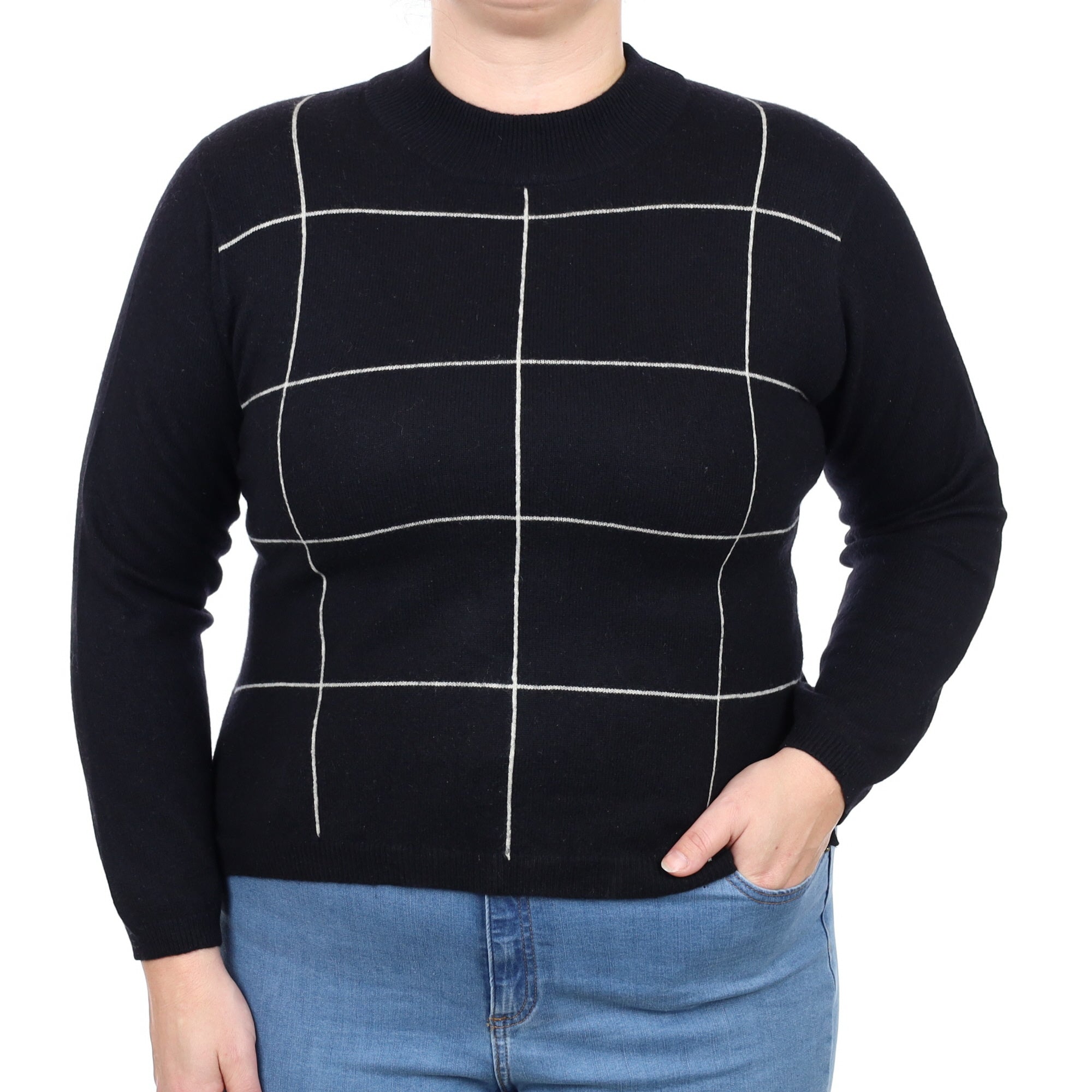 Black Check Front Cashmere Turtle Neck Jumper Large