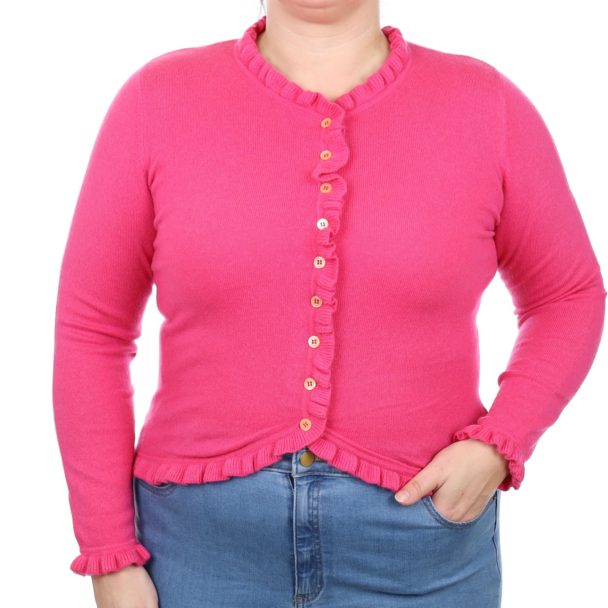 Hot Pink Cashmere Frill Trim Crew Neck Cardigan Large