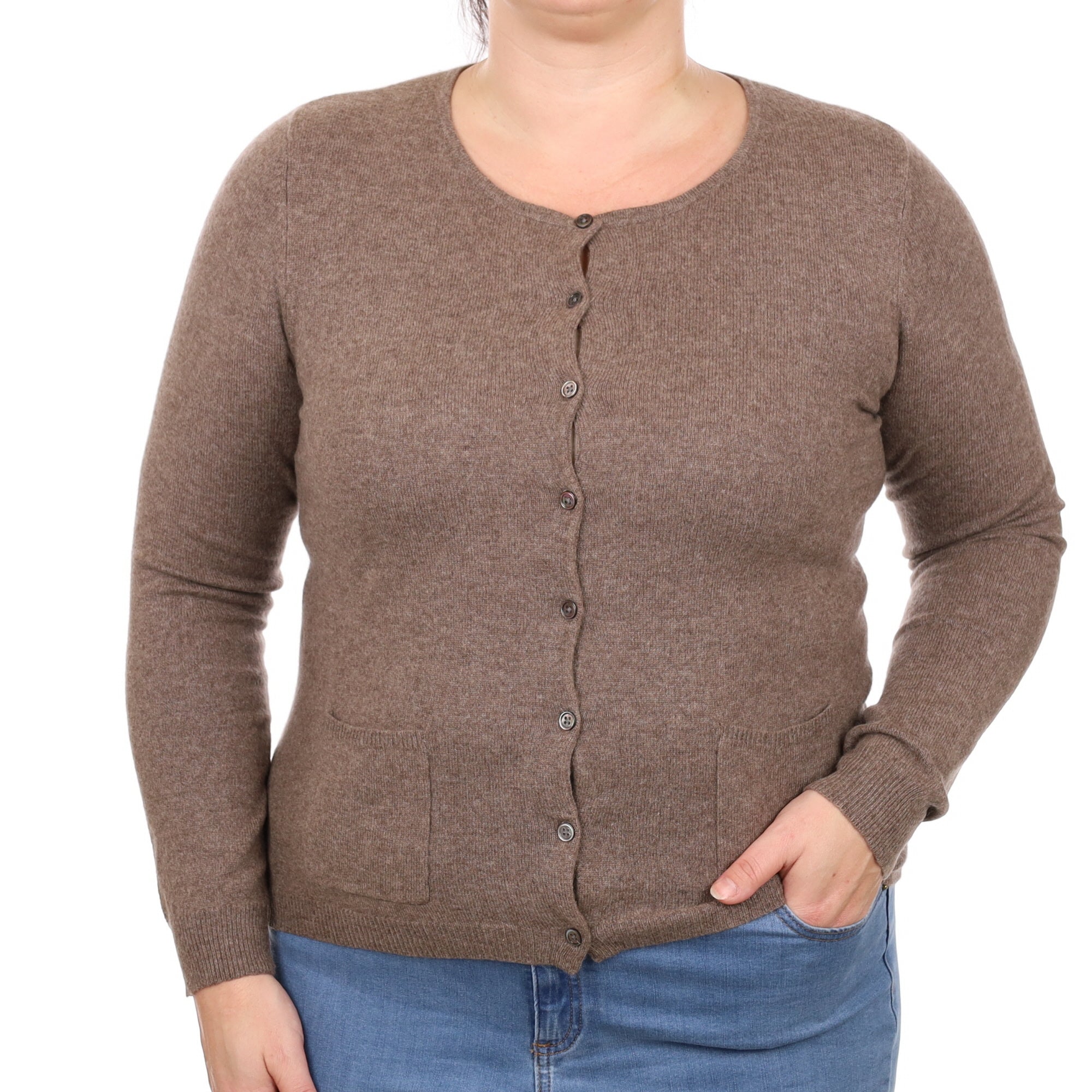 Mocha Brown Cashmere Crew Neck Cardigan with Pockets Large