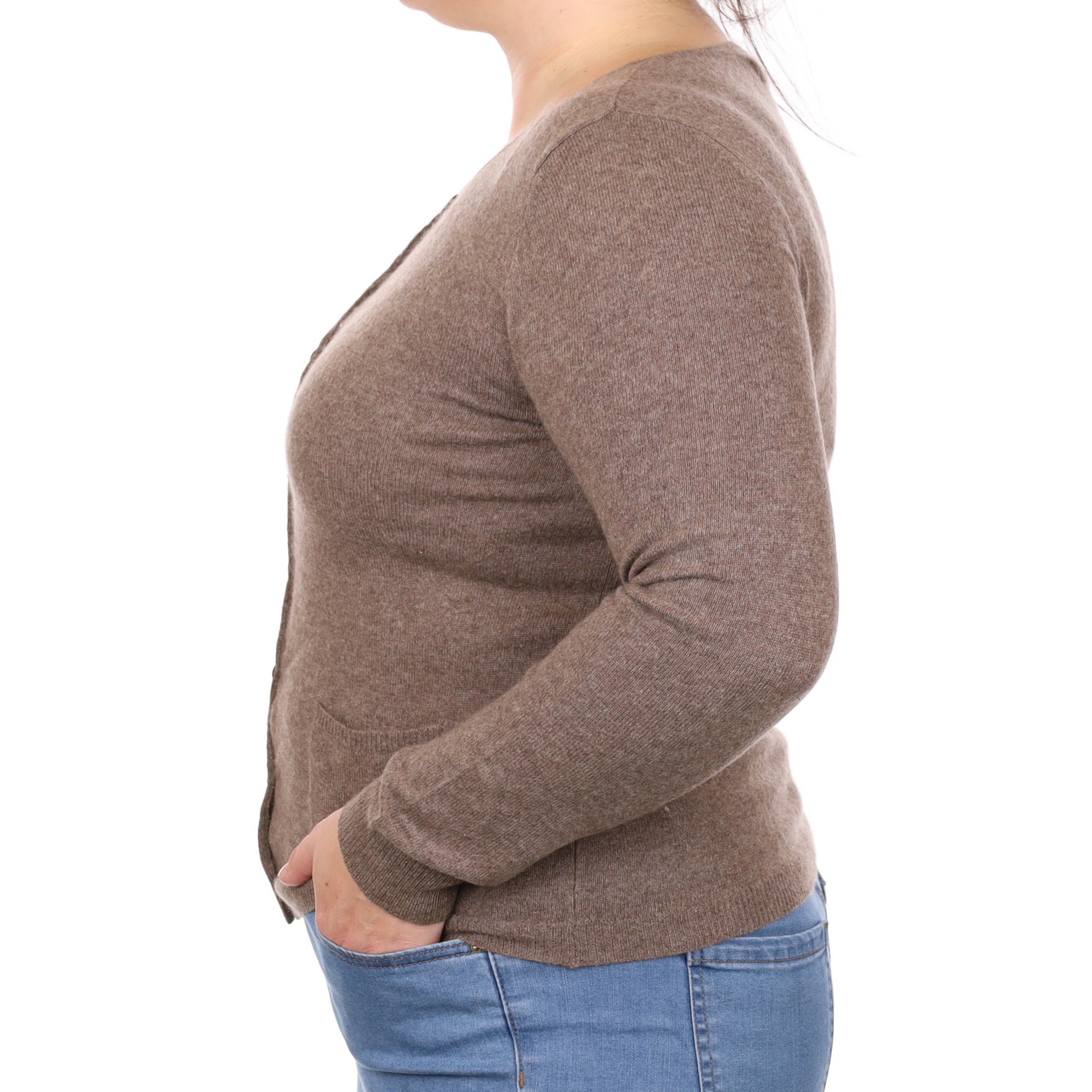 Mocha Brown Cashmere Crew Neck Cardigan with Pockets Large