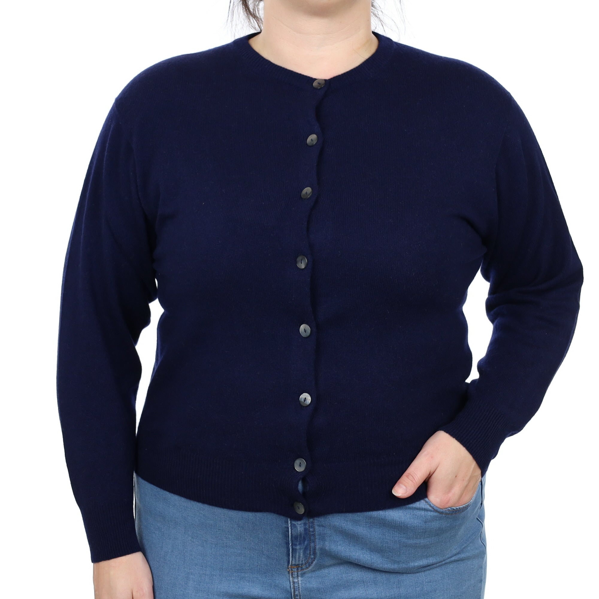 Navy Blue Cashmere Crew Neck Cardigan Large