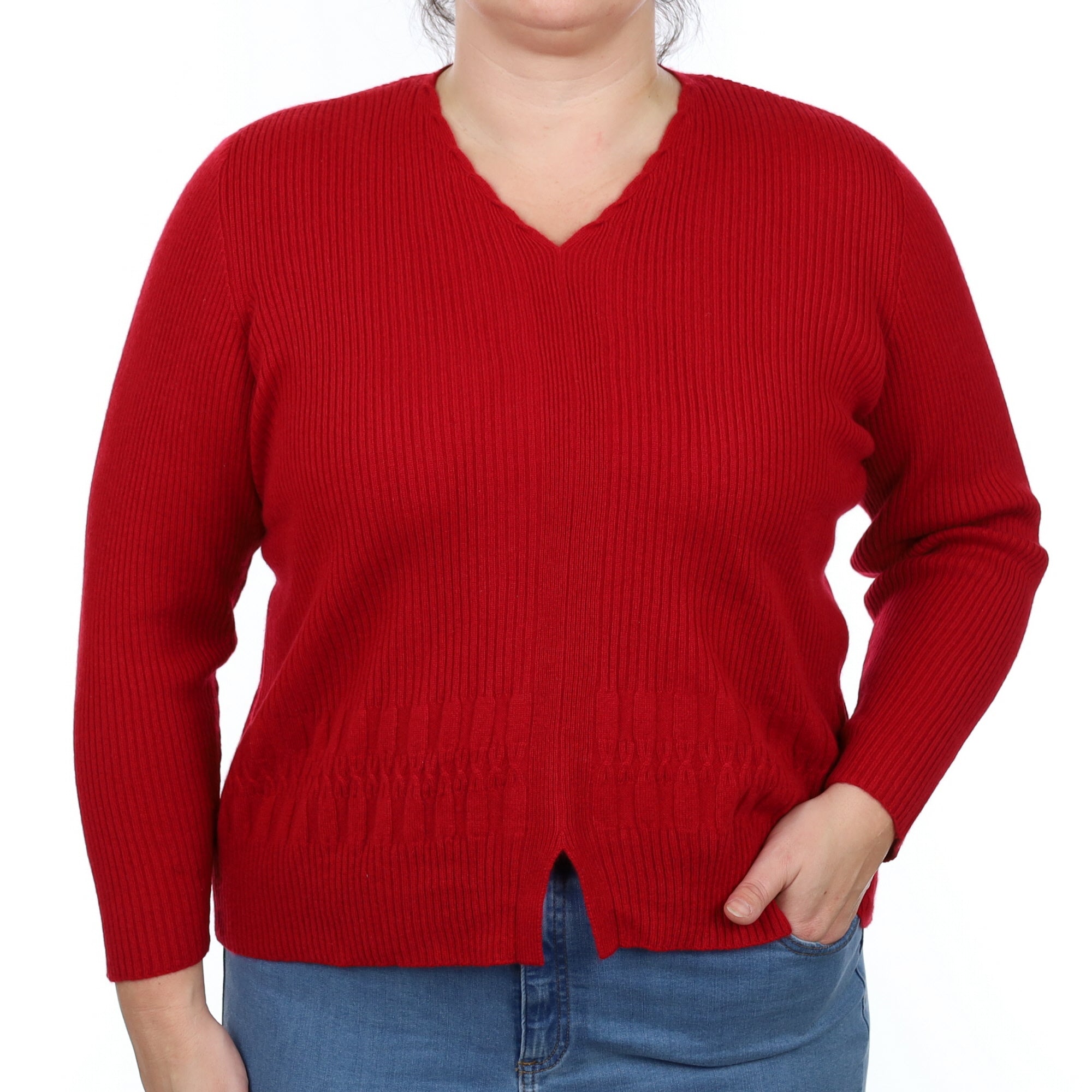 Crimson Red Ribbed Cashmere V Neck Jumper Large