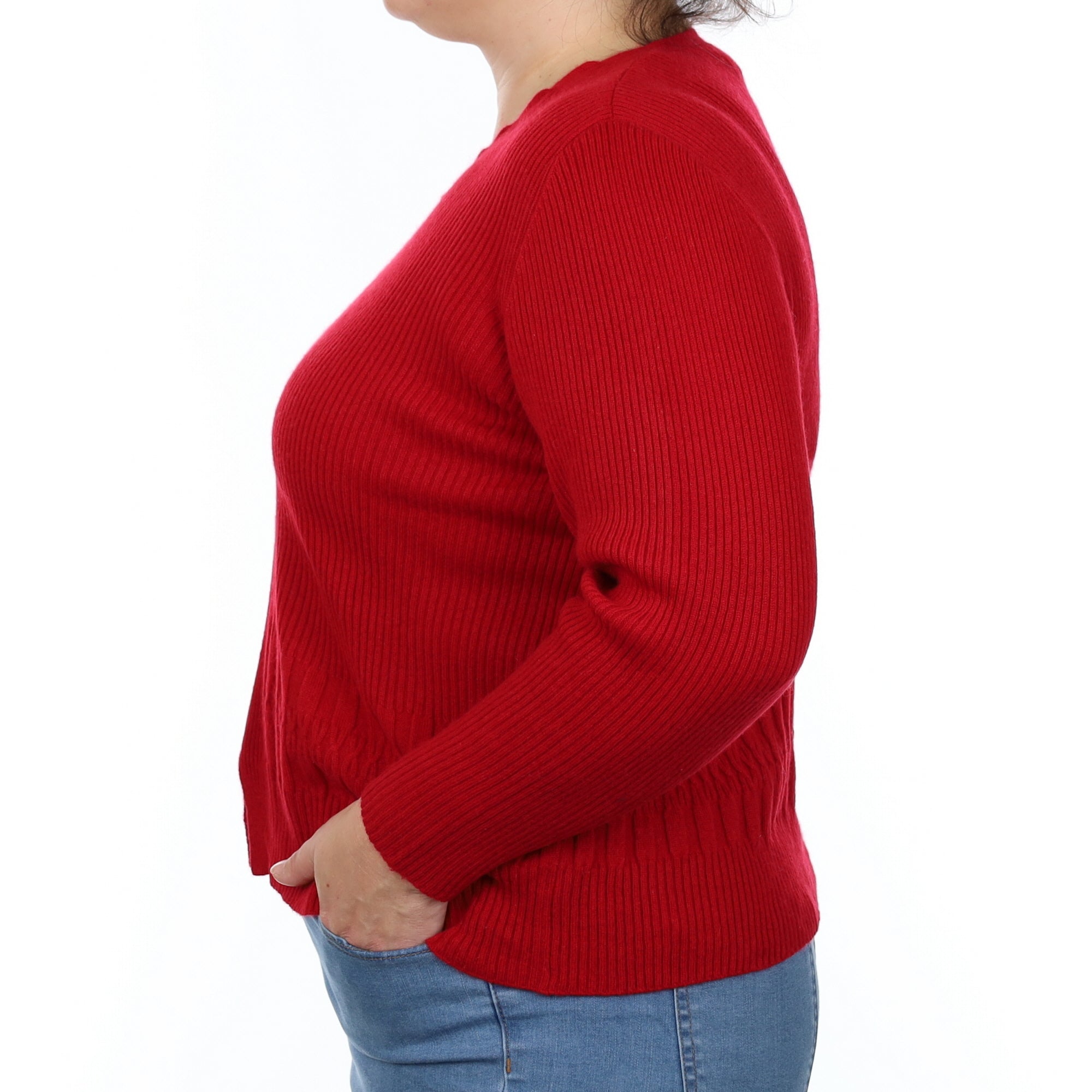 Crimson Red Ribbed Cashmere V Neck Jumper Large