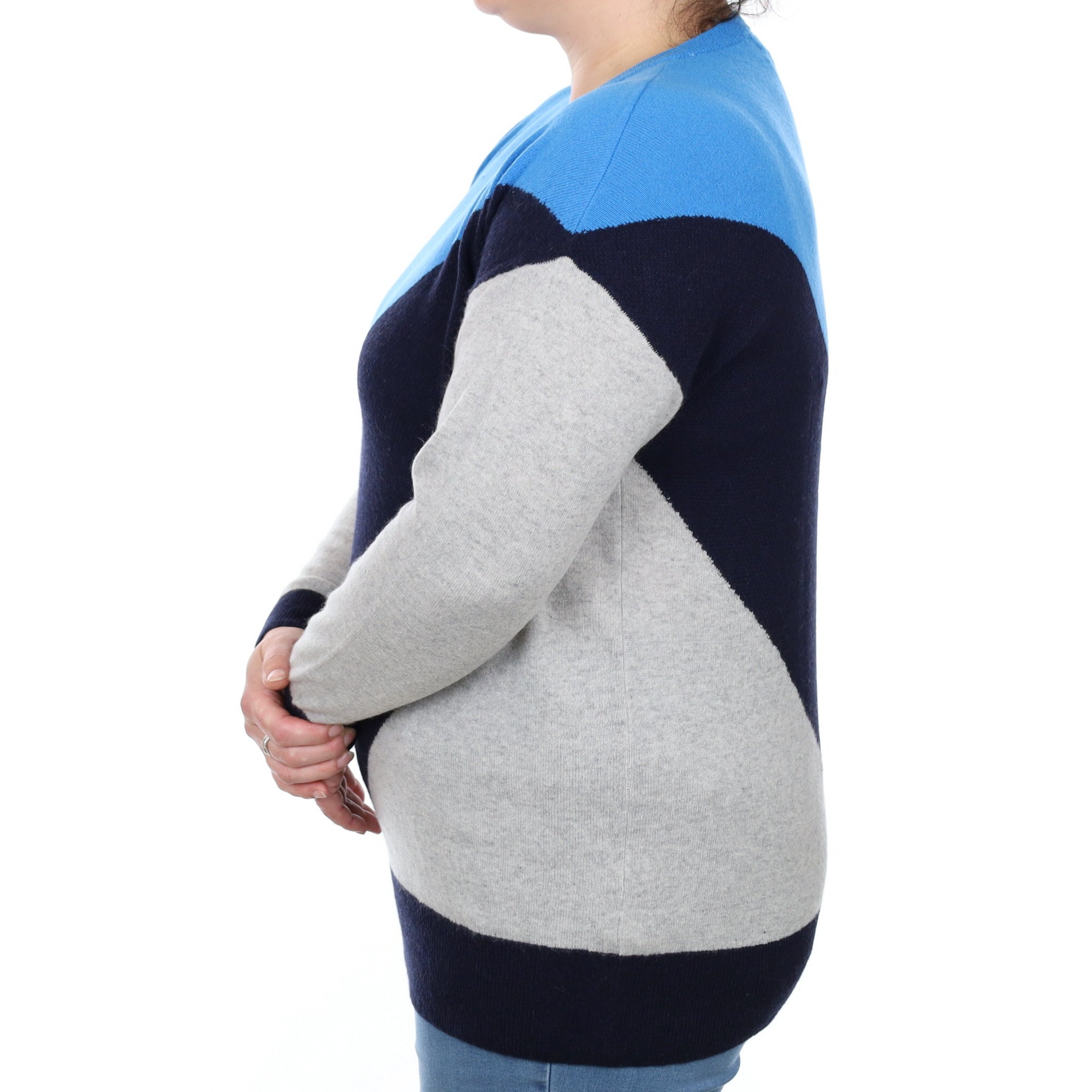 Azure Blue Colour Block Cashmere Crew Neck Jumper Large