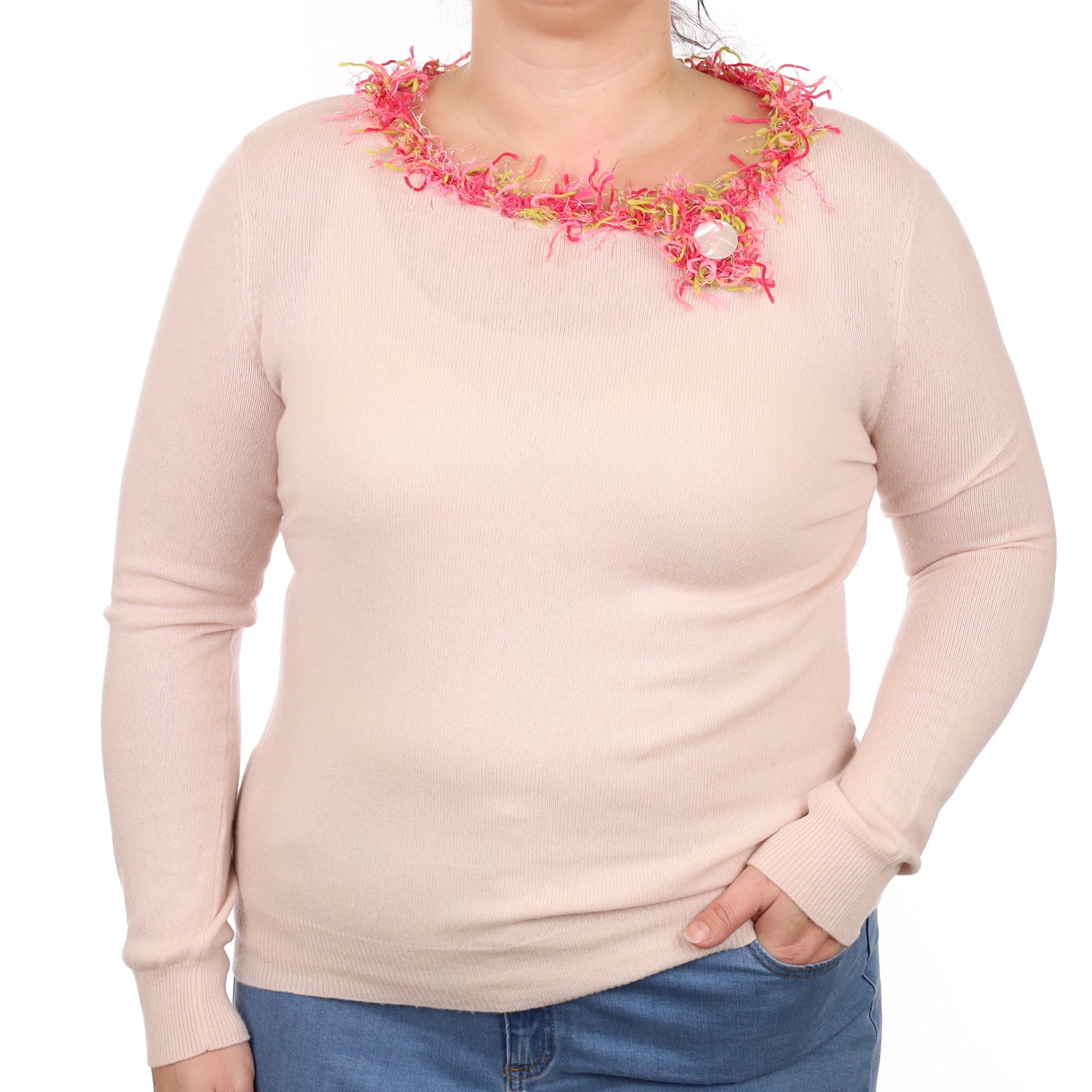 Ice Pink Cashmere Tassel Trim Crew Neck Jumper Large