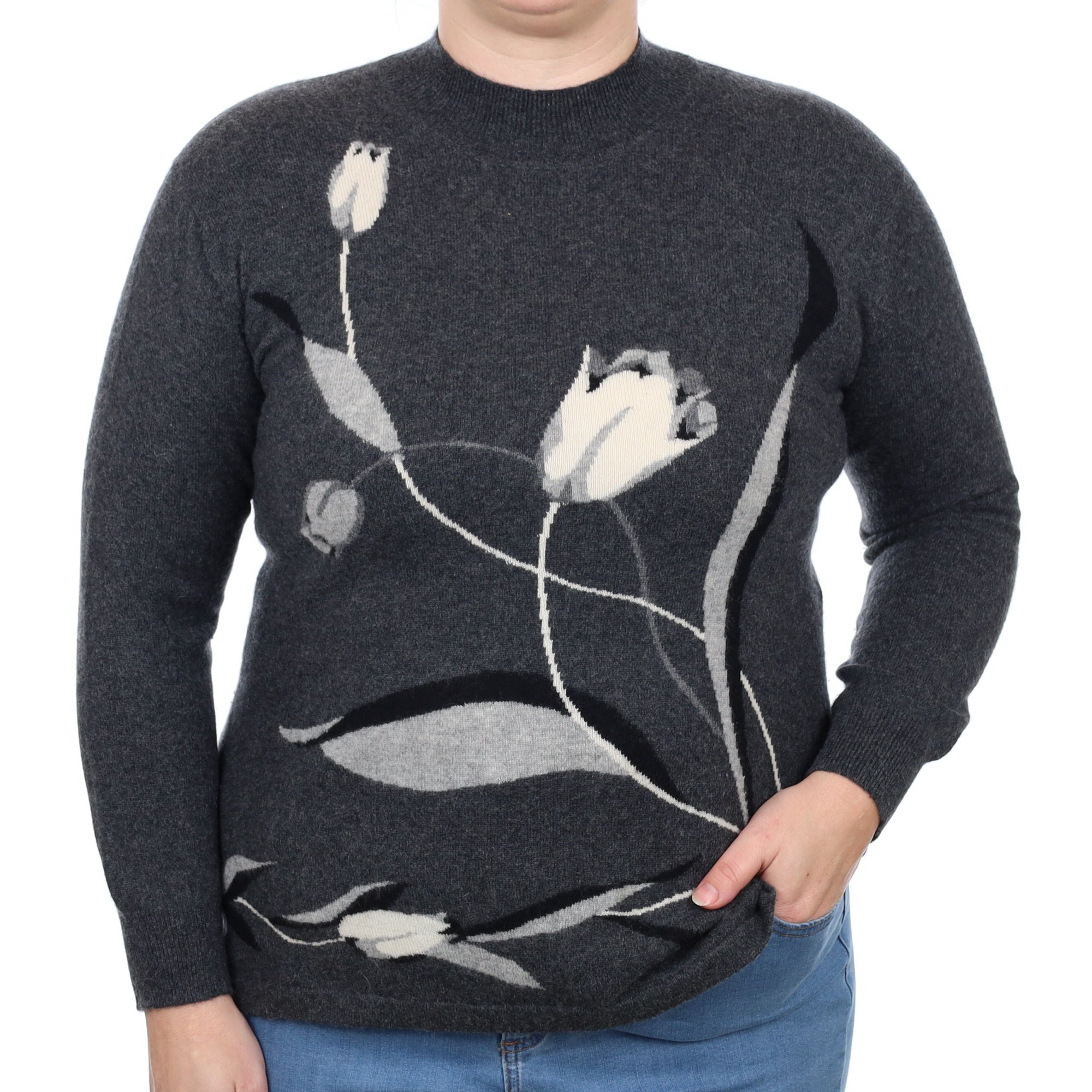 Charcoal Grey Floral Cashmere Turtle Neck Jumper Large