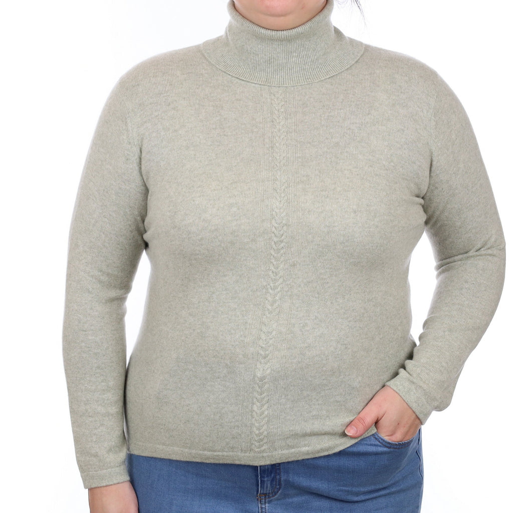 Chicory Green Cashmere Cable Detail Polo Neck Jumper Large