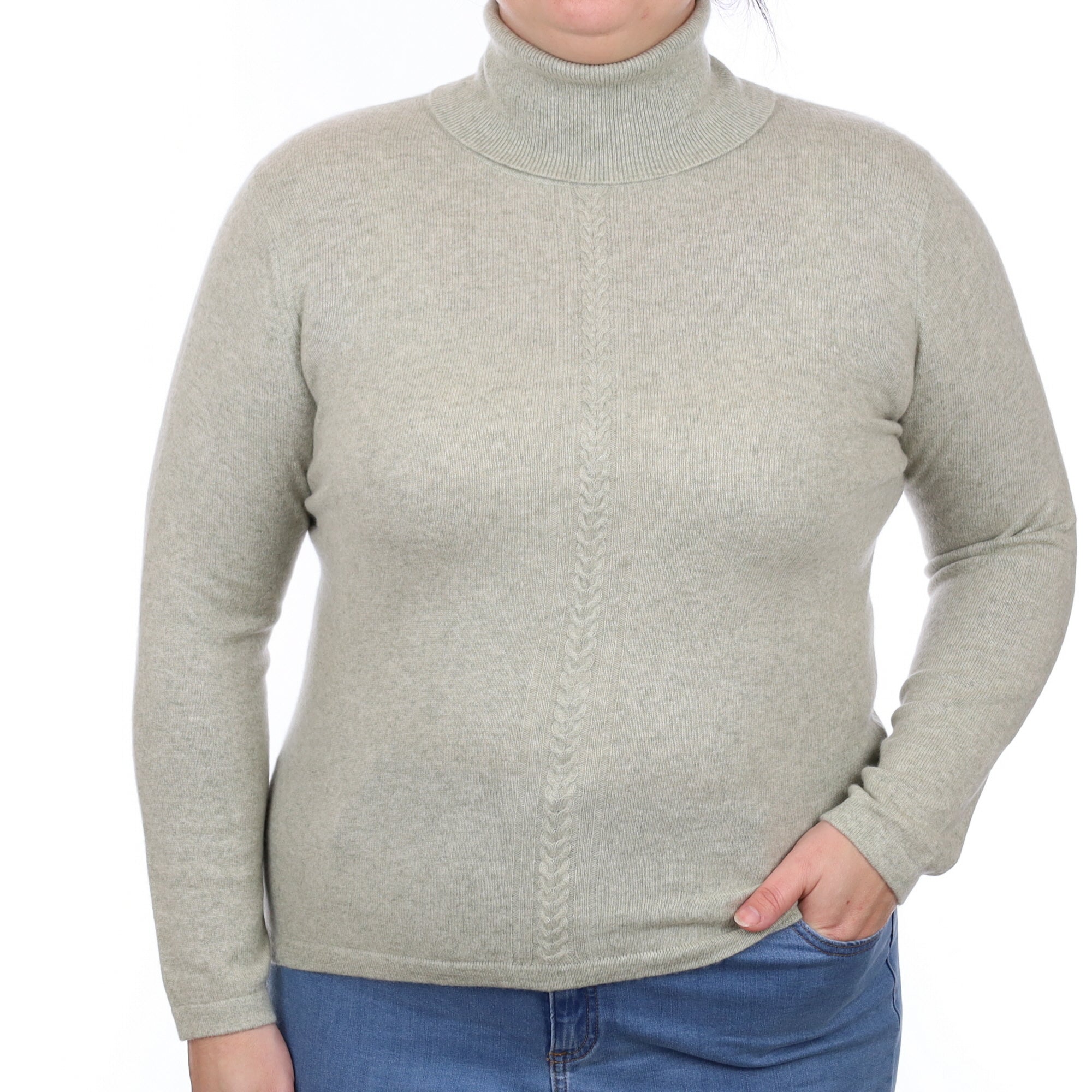 Chicory Green Cashmere Cable Detail Polo Neck Jumper Large