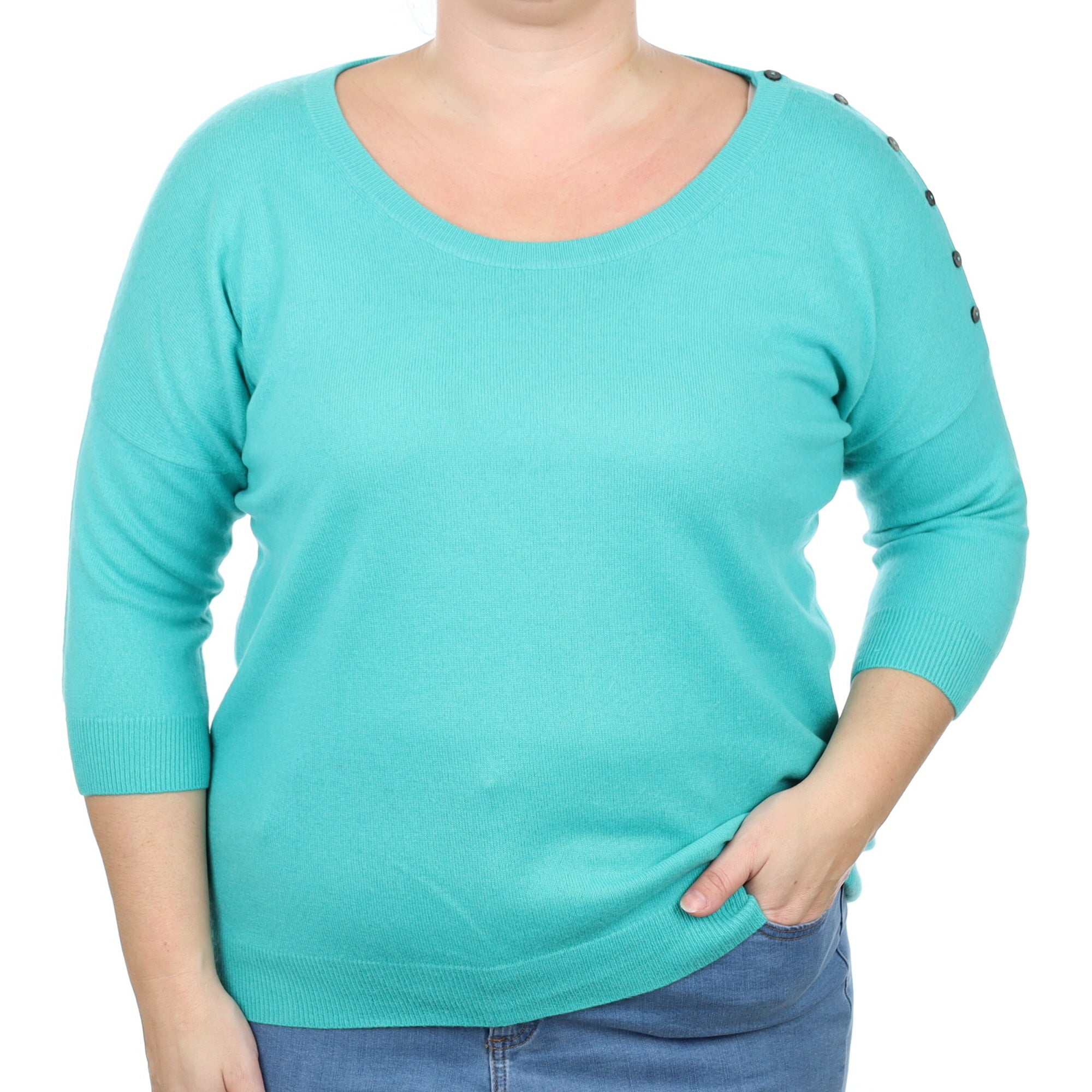 Turquoise Cashmere Short Sleeve Scoop Neck Jumper Large