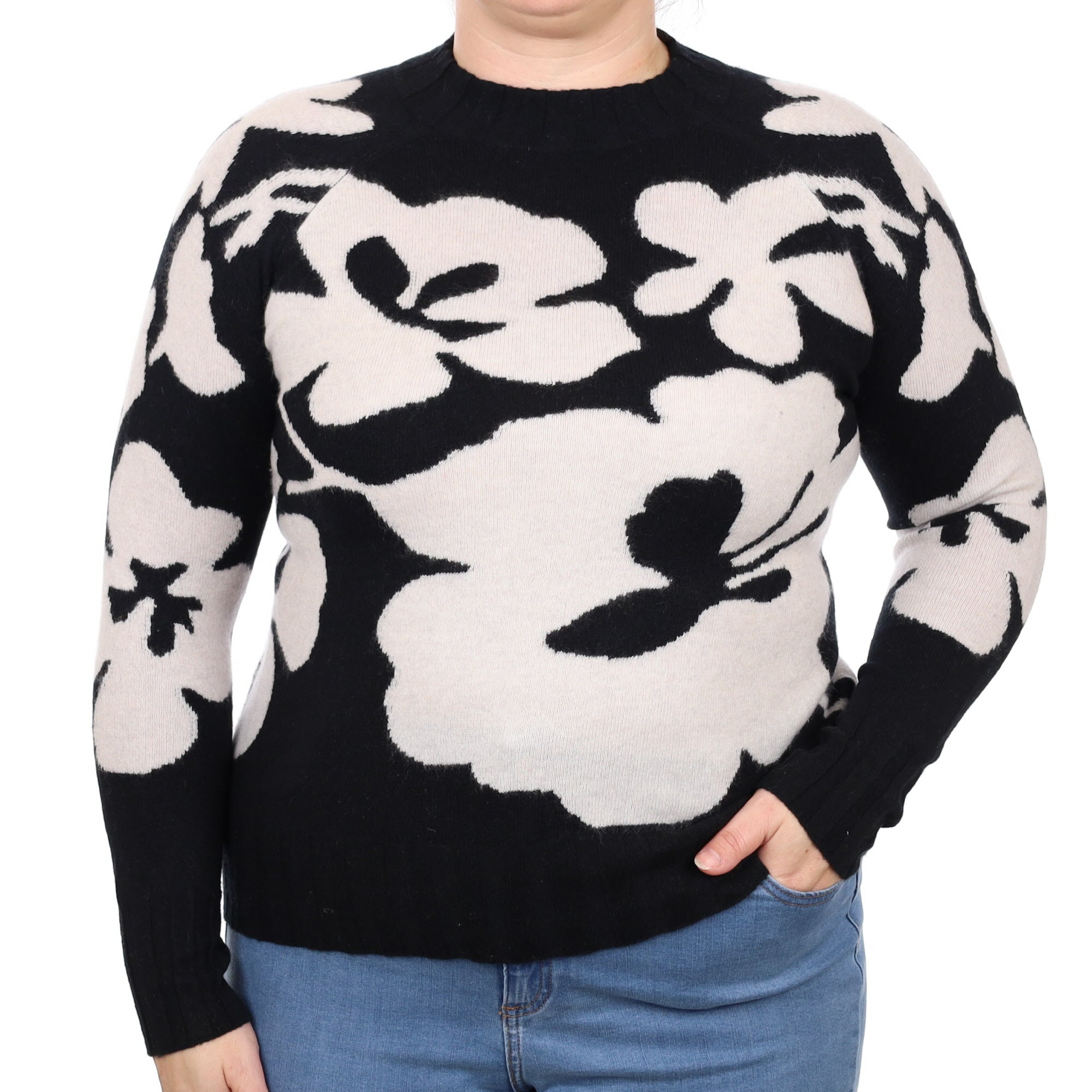 Black Grey Floral Cashmere Turtle Neck Jumper Large