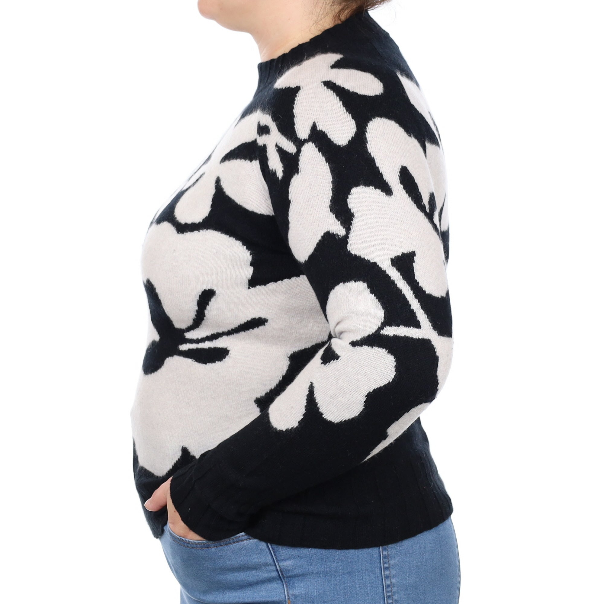 Black Grey Floral Cashmere Turtle Neck Jumper Large