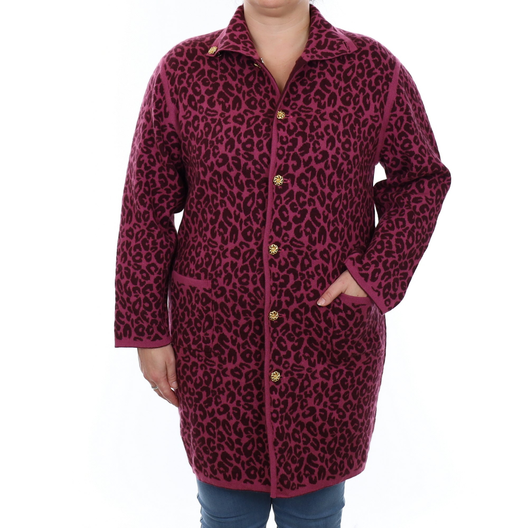 Magenta and Plum Leopard Print Cashmere Reversible Coat with Pockets Cardigan Large