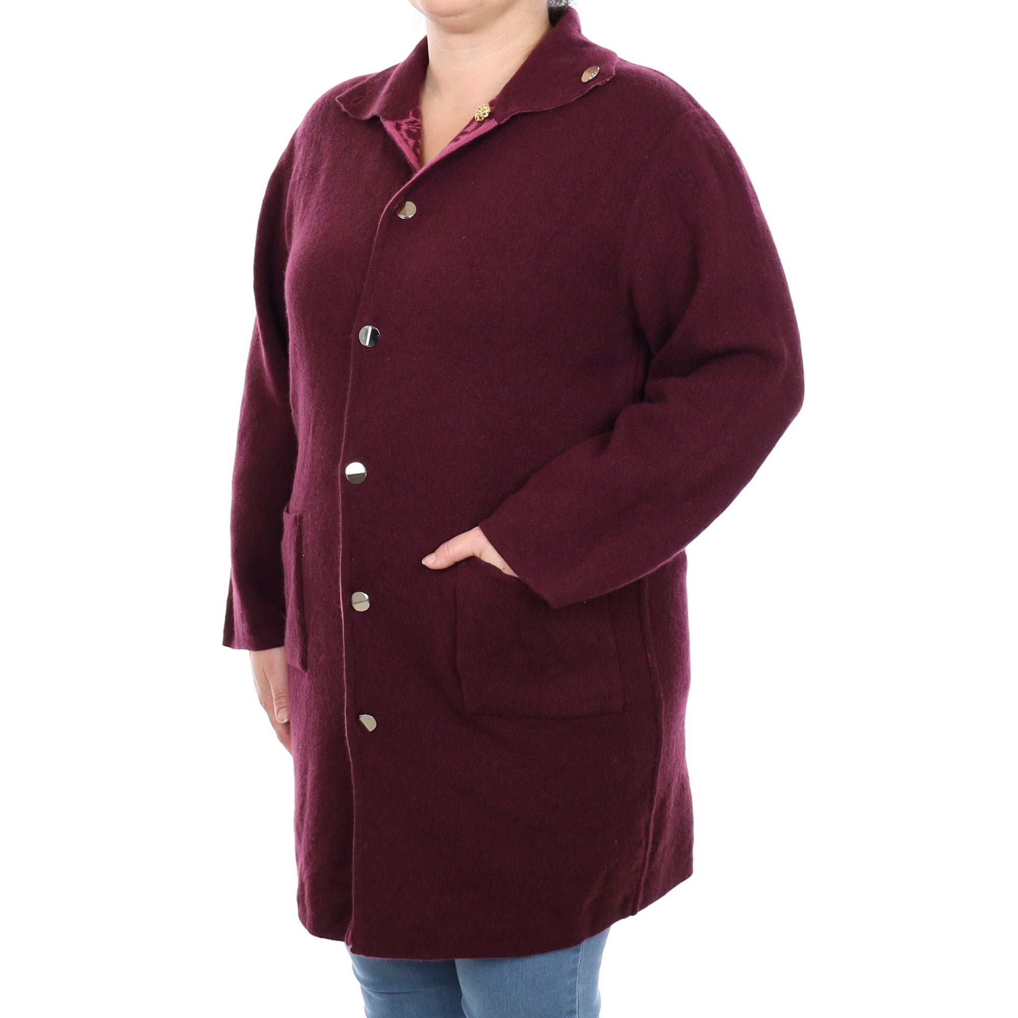 Magenta and Plum Leopard Print Cashmere Reversible Coat with Pockets Cardigan Large