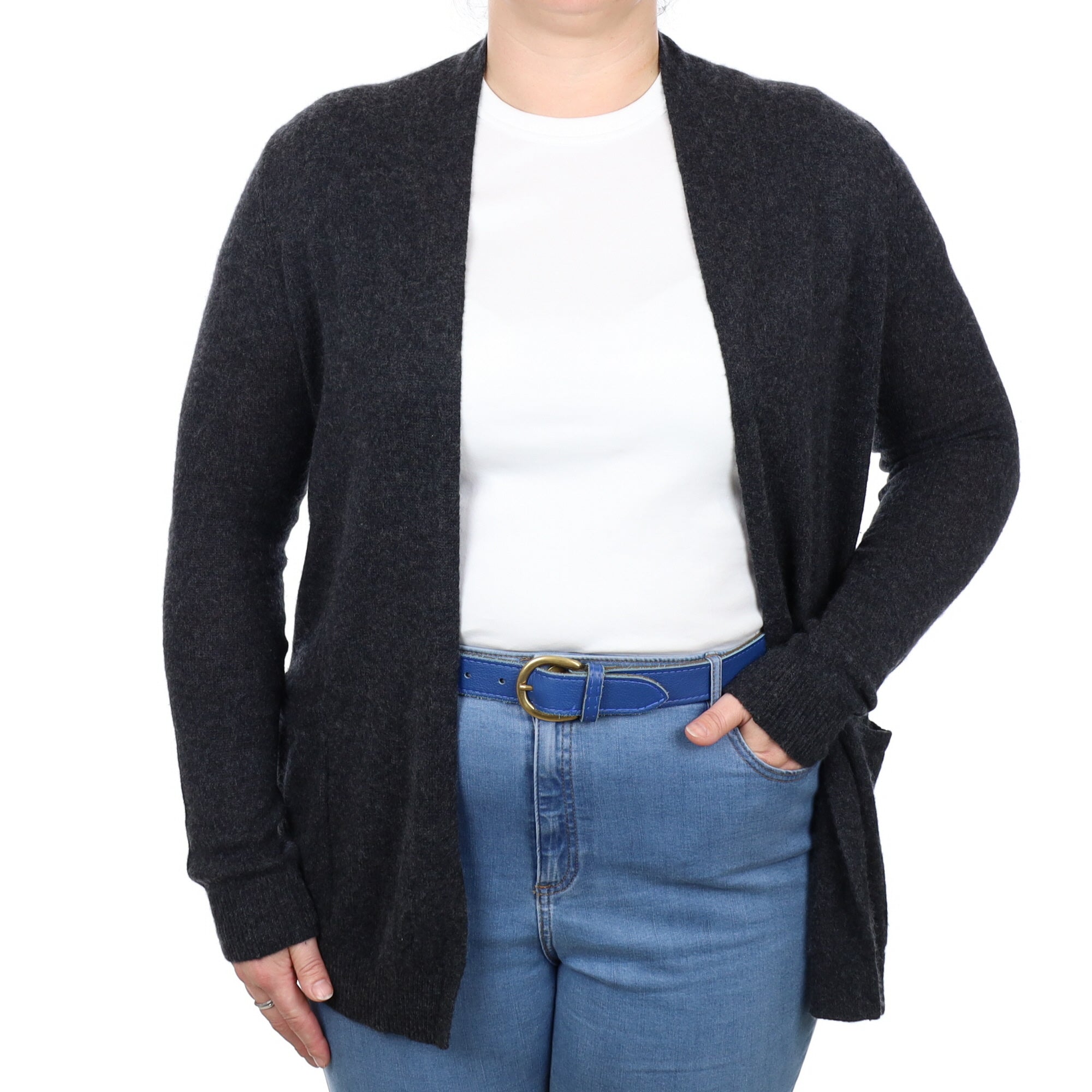 Charcoal Grey Cashmere Edge to Edge Cardigan with Pockets Large