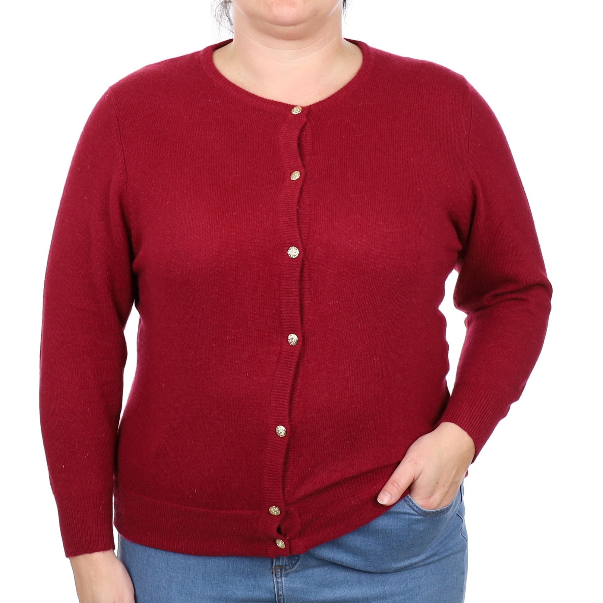Wine Red Cashmere Crew Neck Cardigan Large
