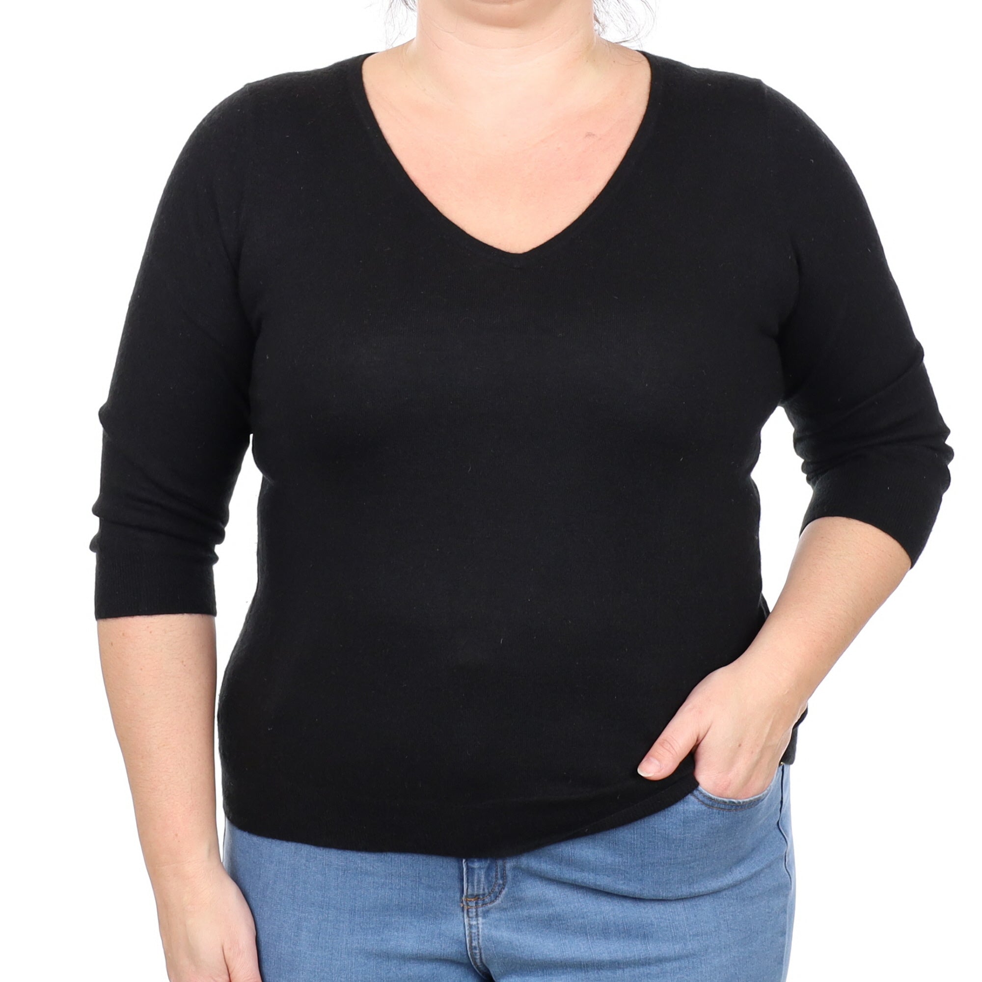 Black Cashmere 3/4 Sleeve V Neck Jumper Large