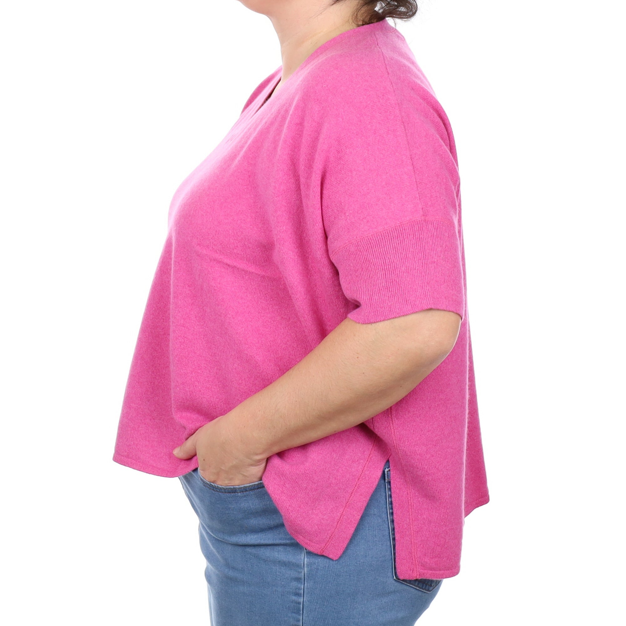 Fuchsia Pink Cashmere Slouchy Short Sleeve V Neck Jumper Large