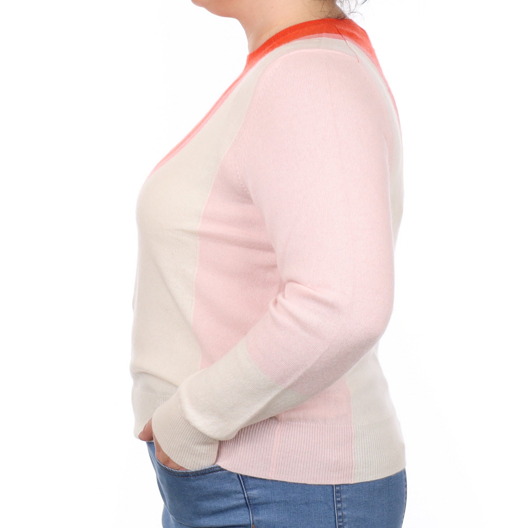 Vibrant Orange and Cream Cashmere Crew Neck Jumper Large
