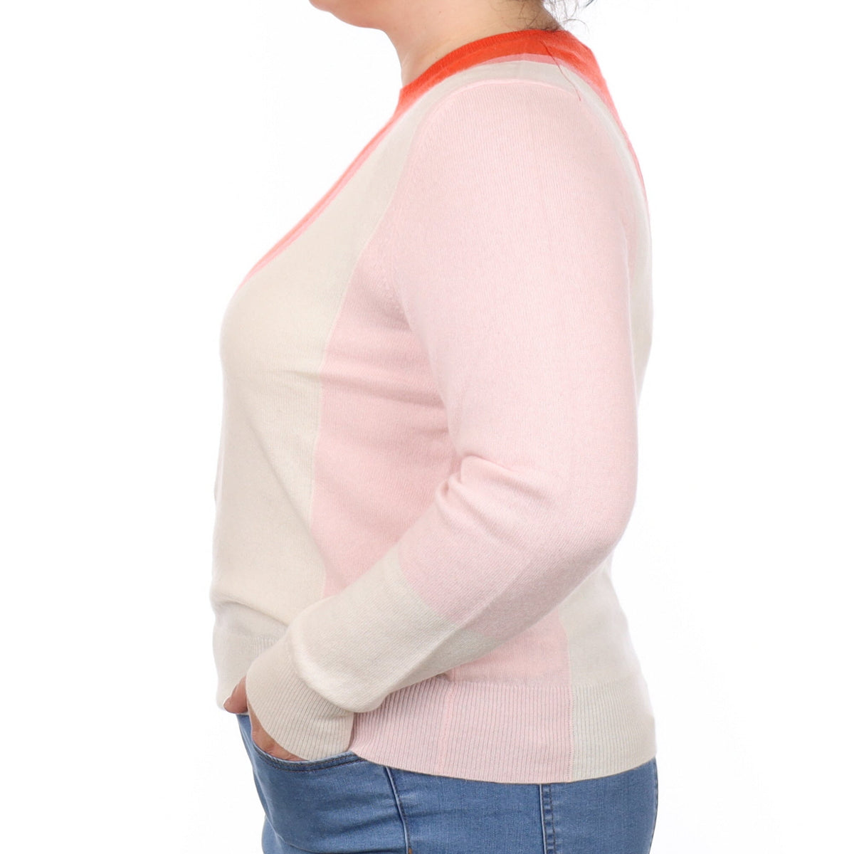 Vibrant Orange and Cream Cashmere Crew Neck Jumper Large