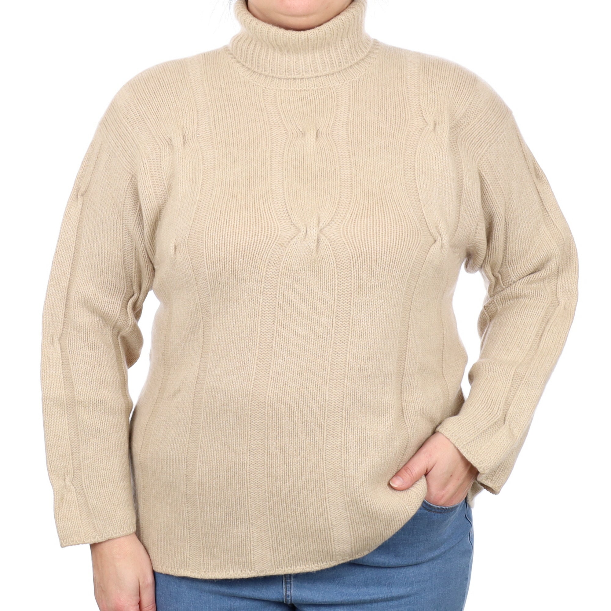 Fawn Chunky Cable Cashmere Polo Neck Jumper Large