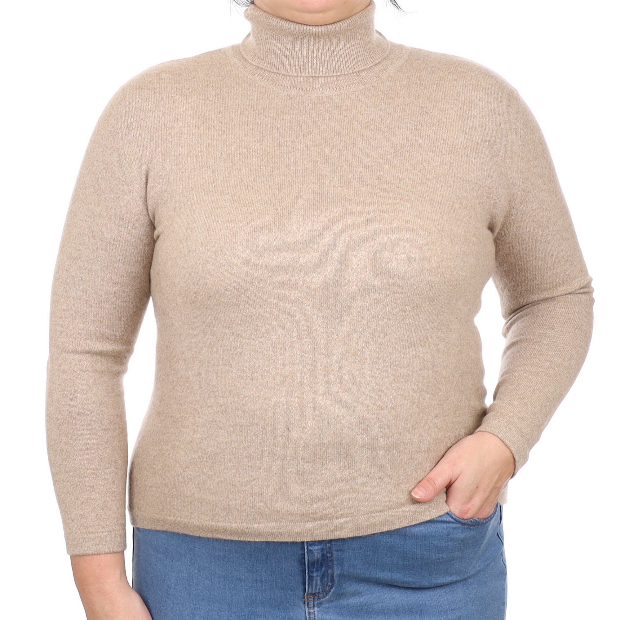 Biscuit Marl Cashmere Polo Neck Jumper Large