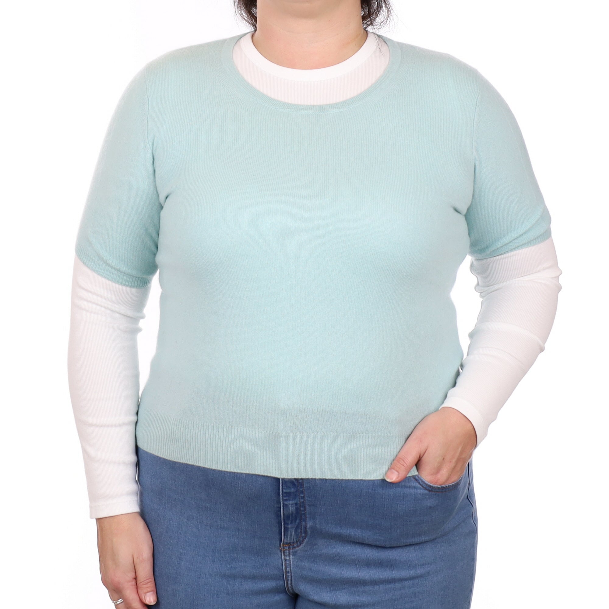 Pale Aqua Cashmere Short Sleeve Crew Neck Jumper Large