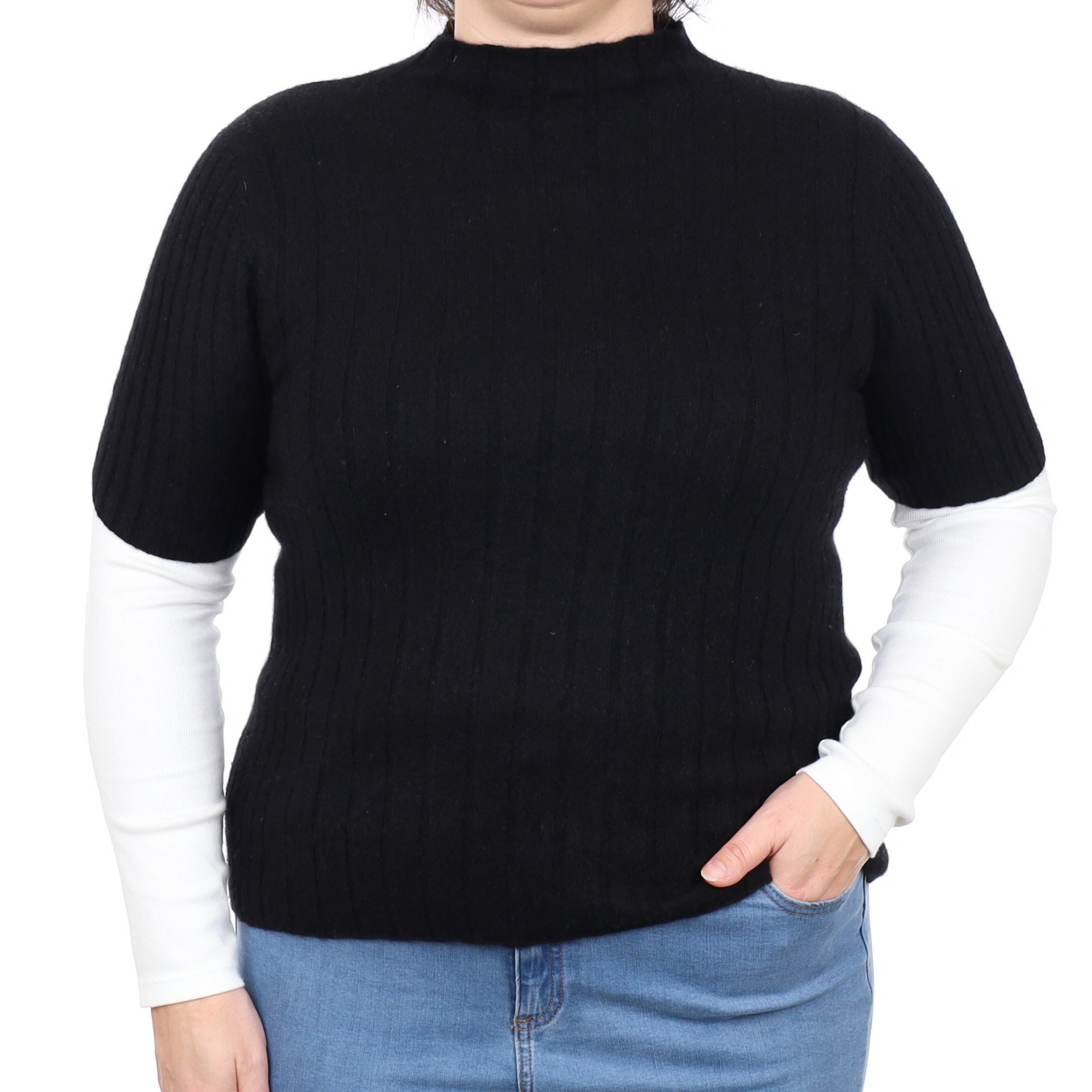 Black Rib Cashmere Short Sleeve Funnel Neck Jumper Large