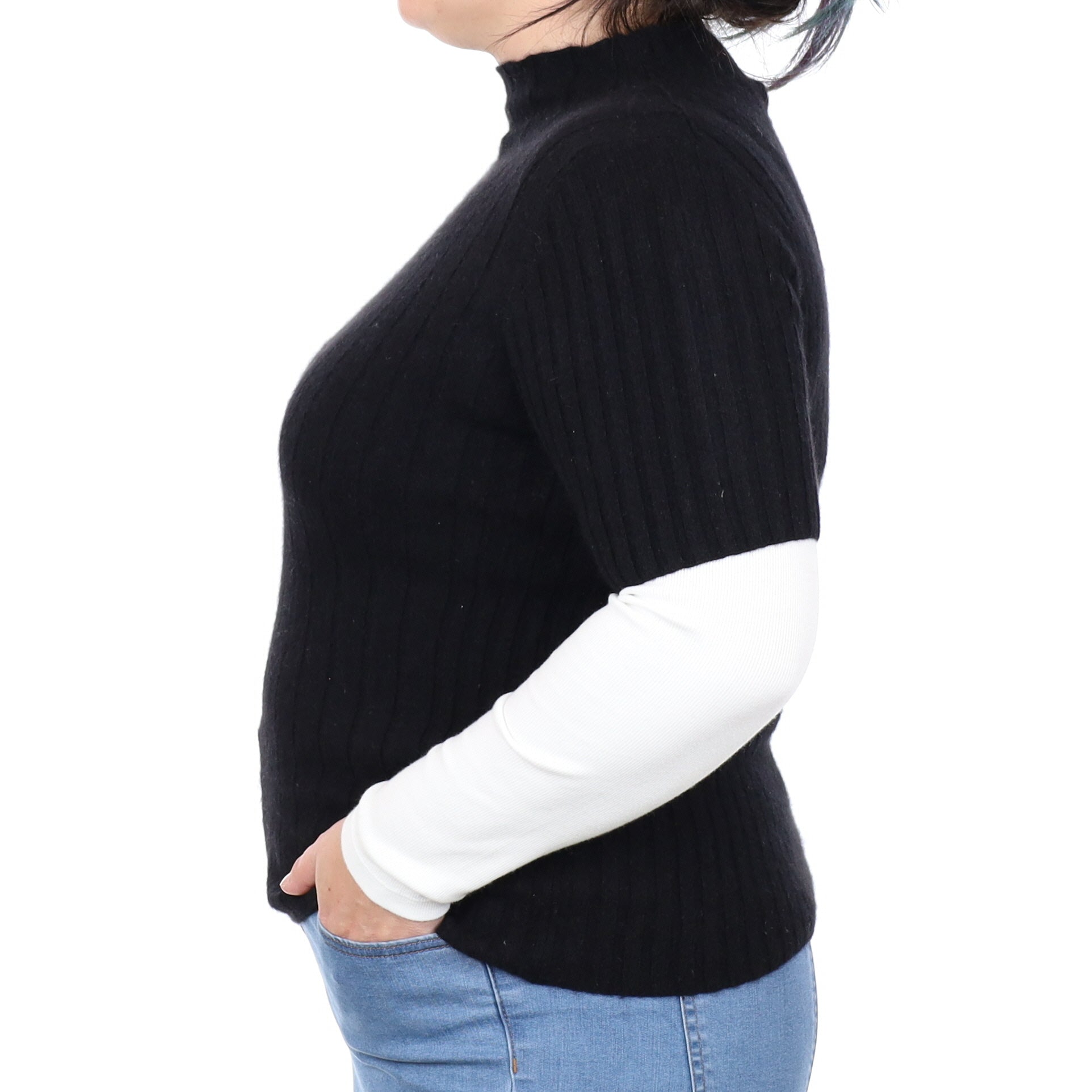 Black Rib Cashmere Short Sleeve Funnel Neck Jumper Large