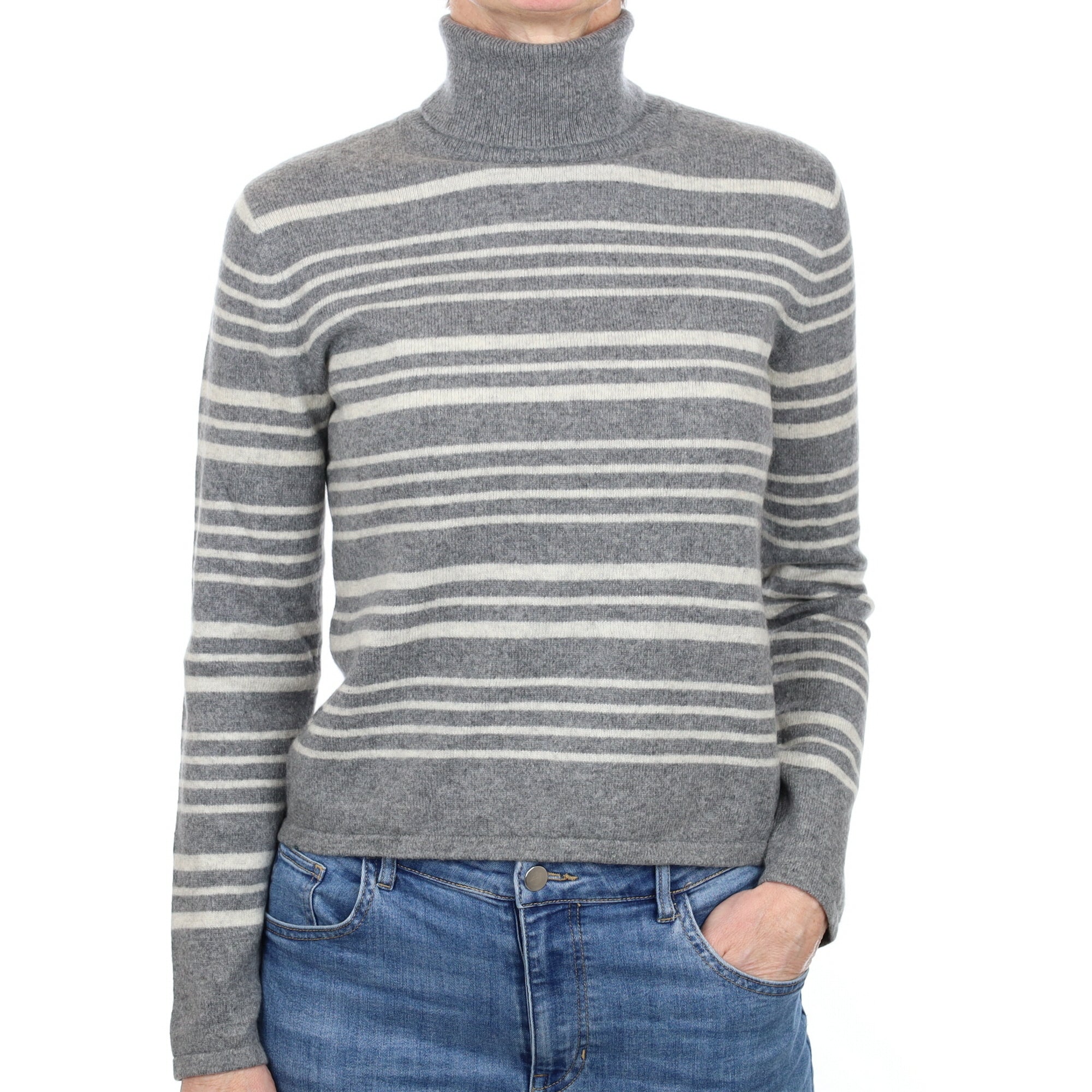 Slate Grey Stripe Cashmere Polo Neck Jumper Small