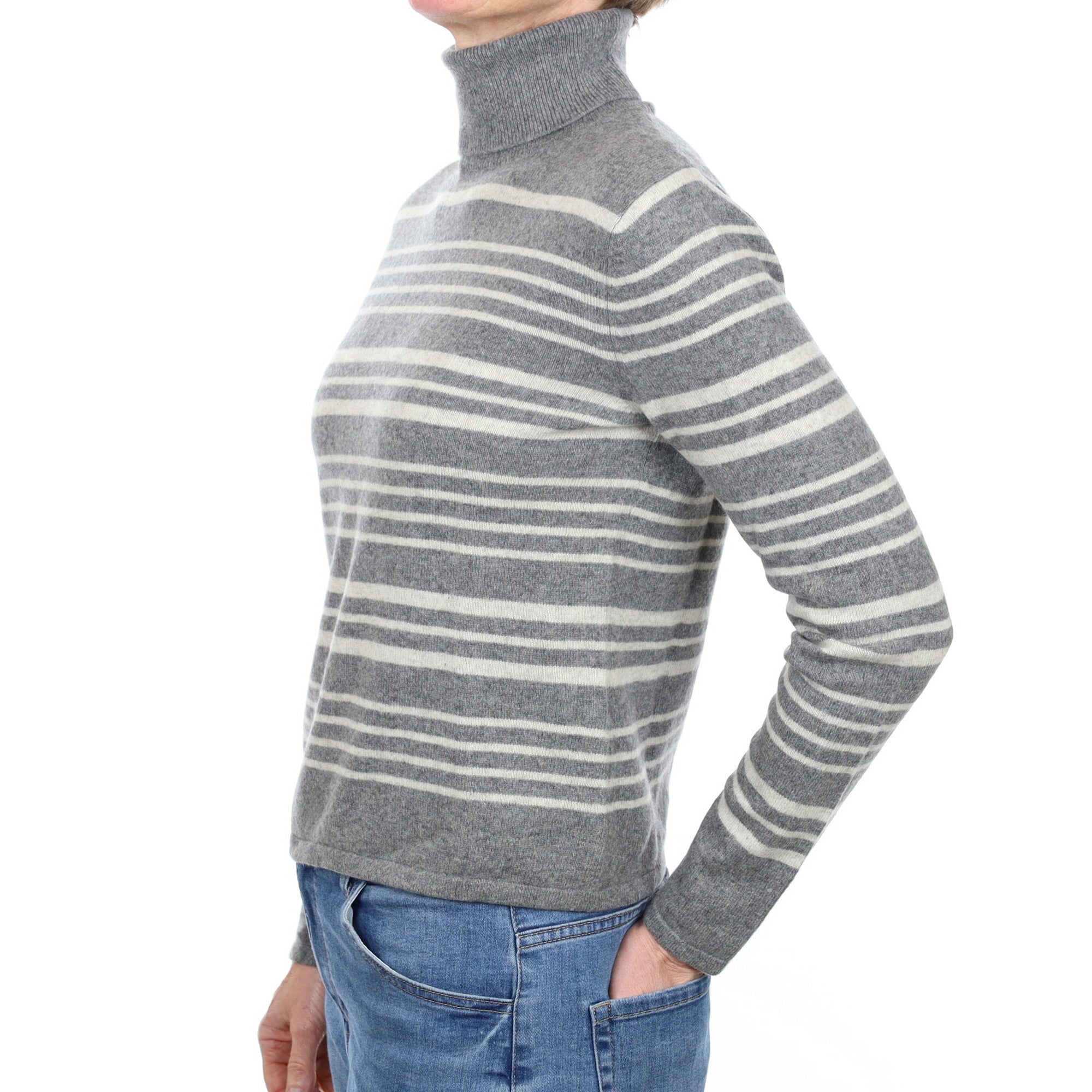Slate Grey Stripe Cashmere Polo Neck Jumper Small