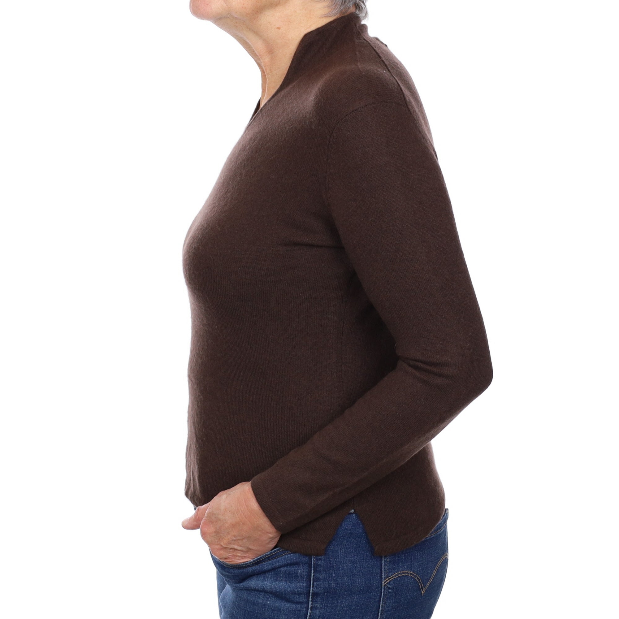 Chocolate Brown Cashmere Mandarin Neck Jumper Medium