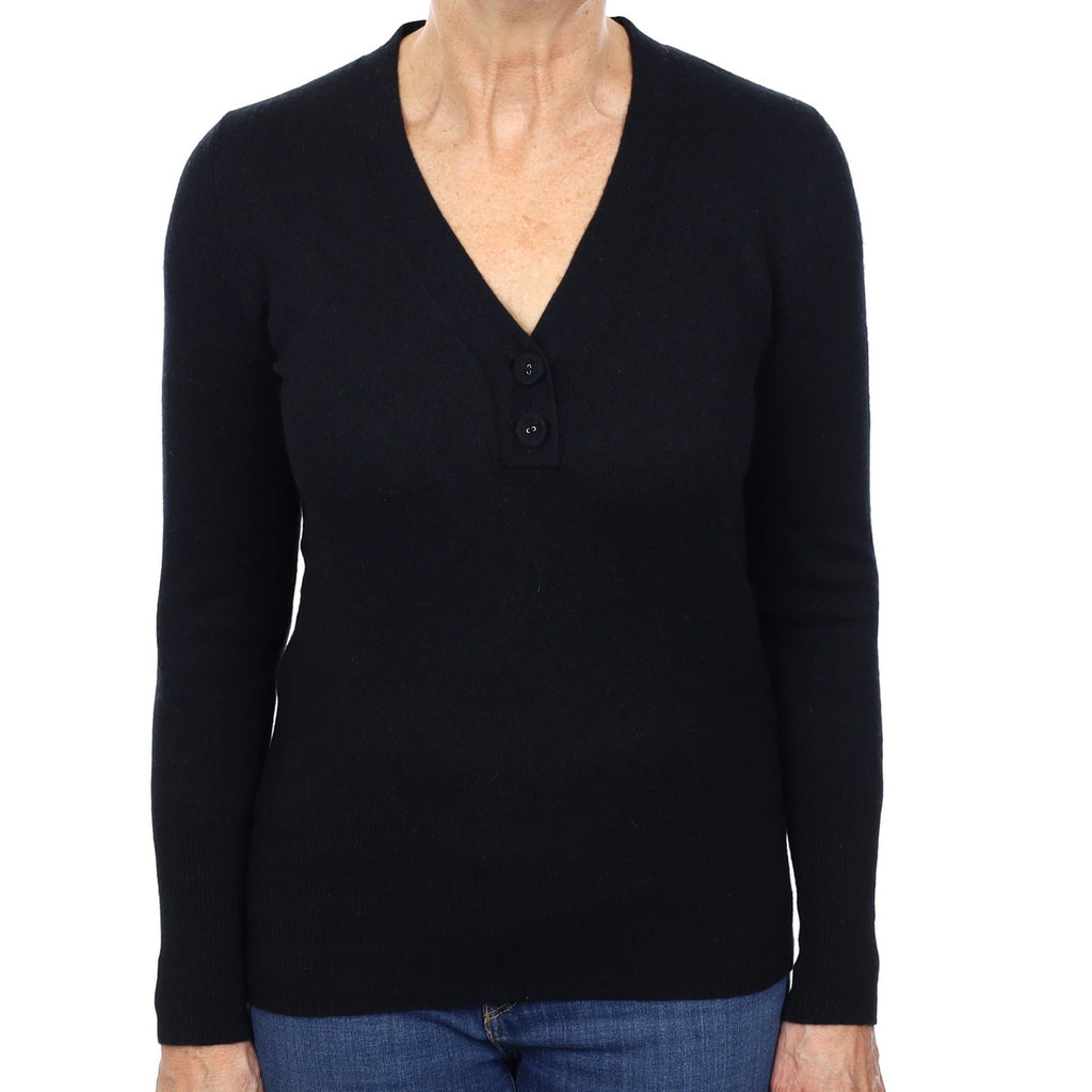 Black Cashmere Button V Neck Jumper Medium