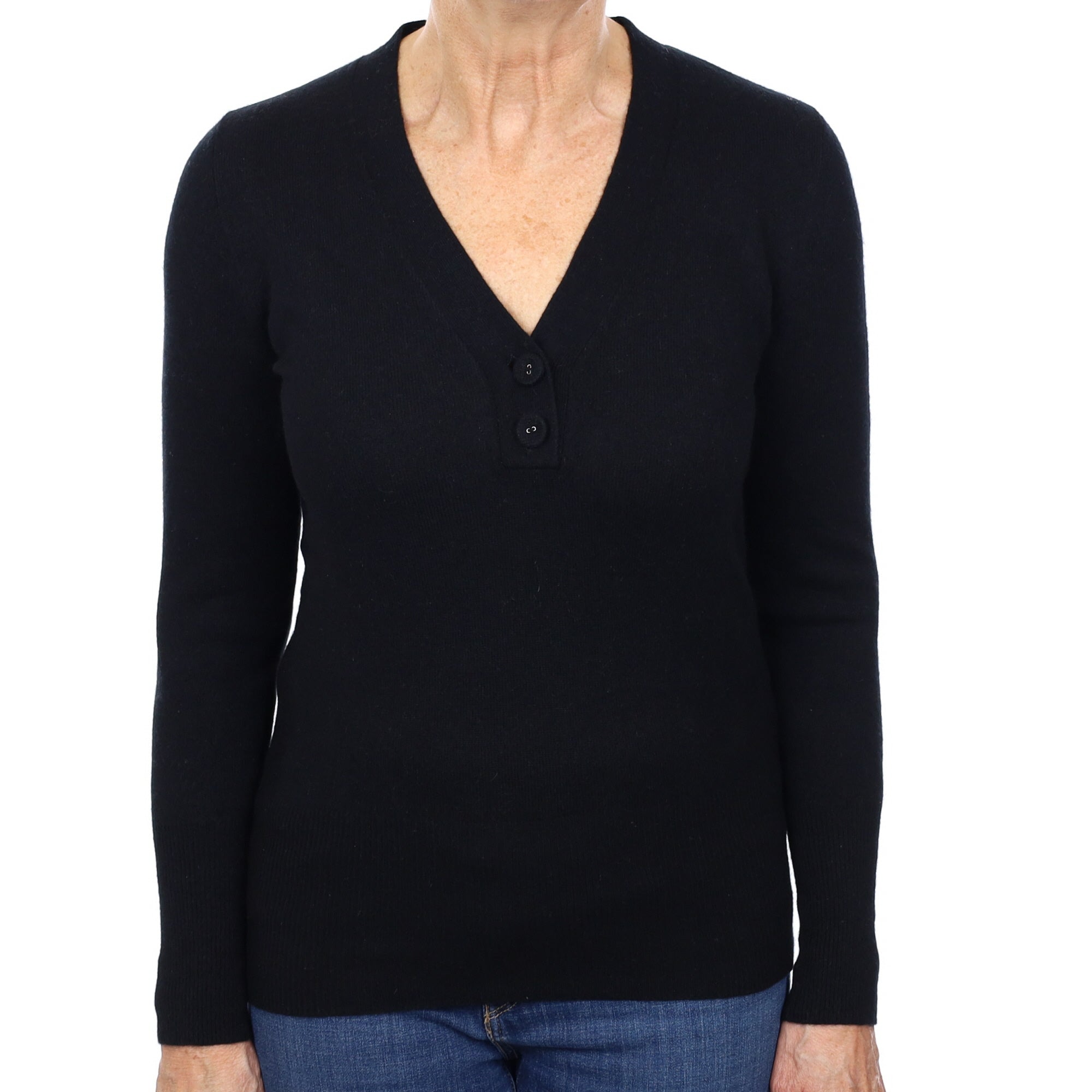 Black Cashmere Button V Neck Jumper Medium