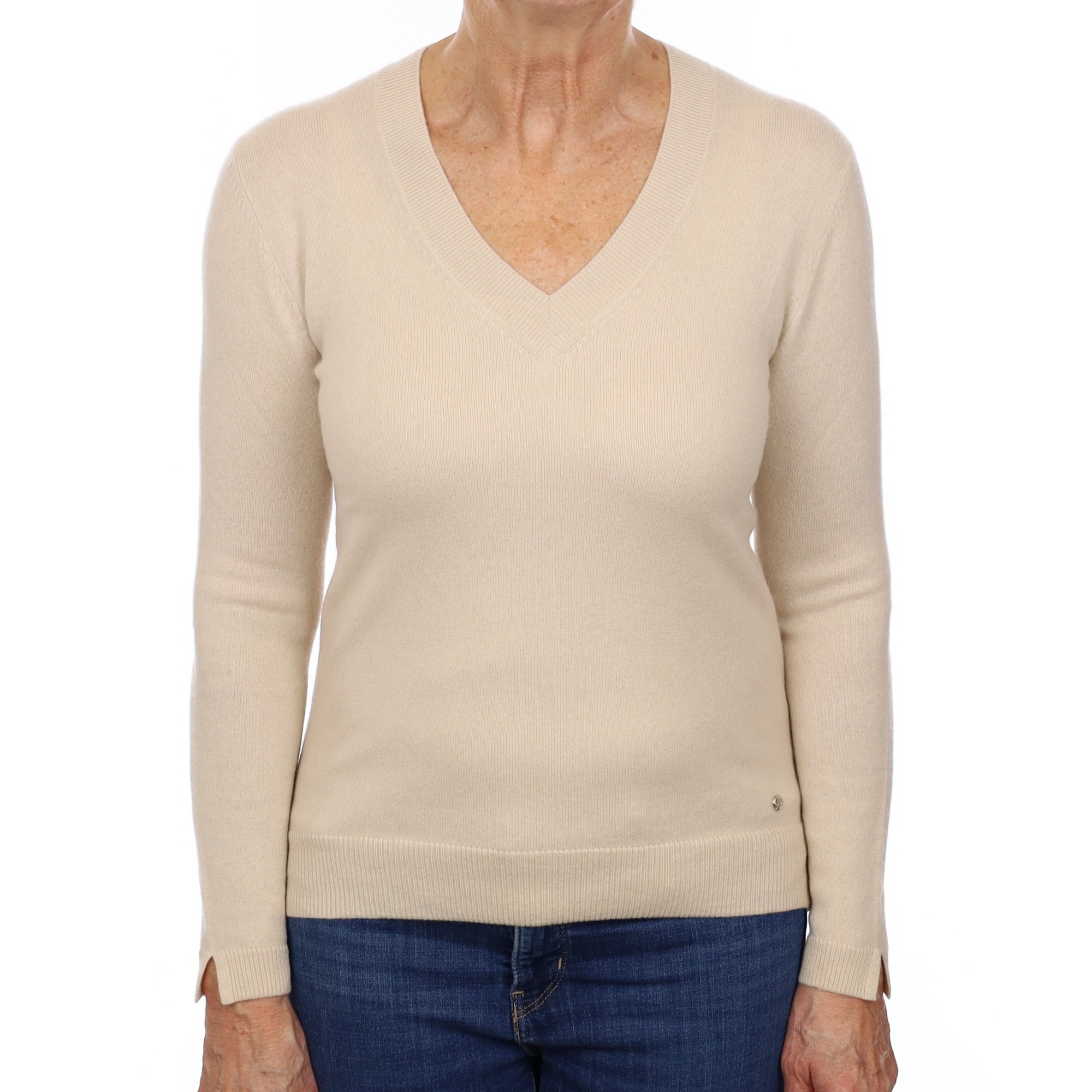 Soft Beige Cashmere V Neck Jumper Medium