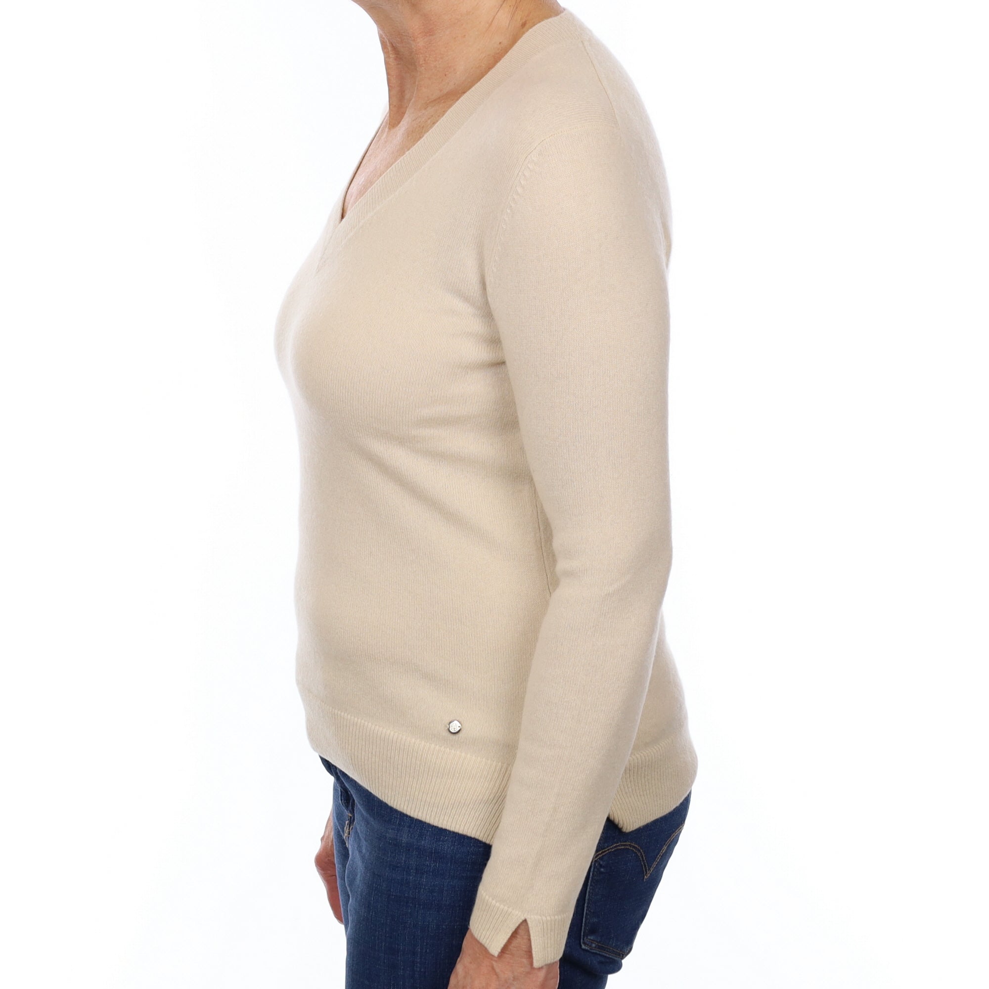 Soft Beige Cashmere V Neck Jumper Medium